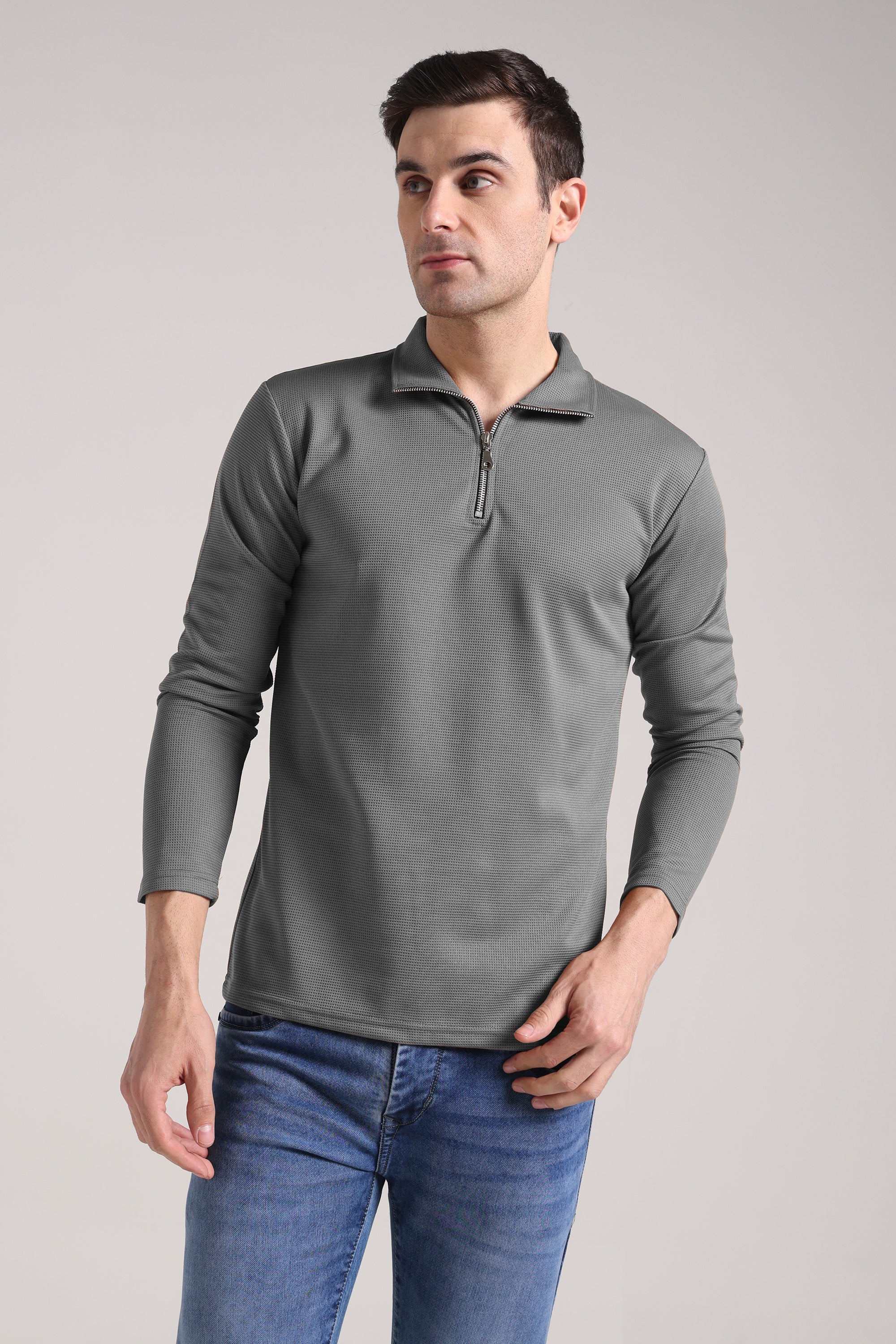 Men's Outer Mesh Window Gery Full Sleeve Zipper T-Shirt