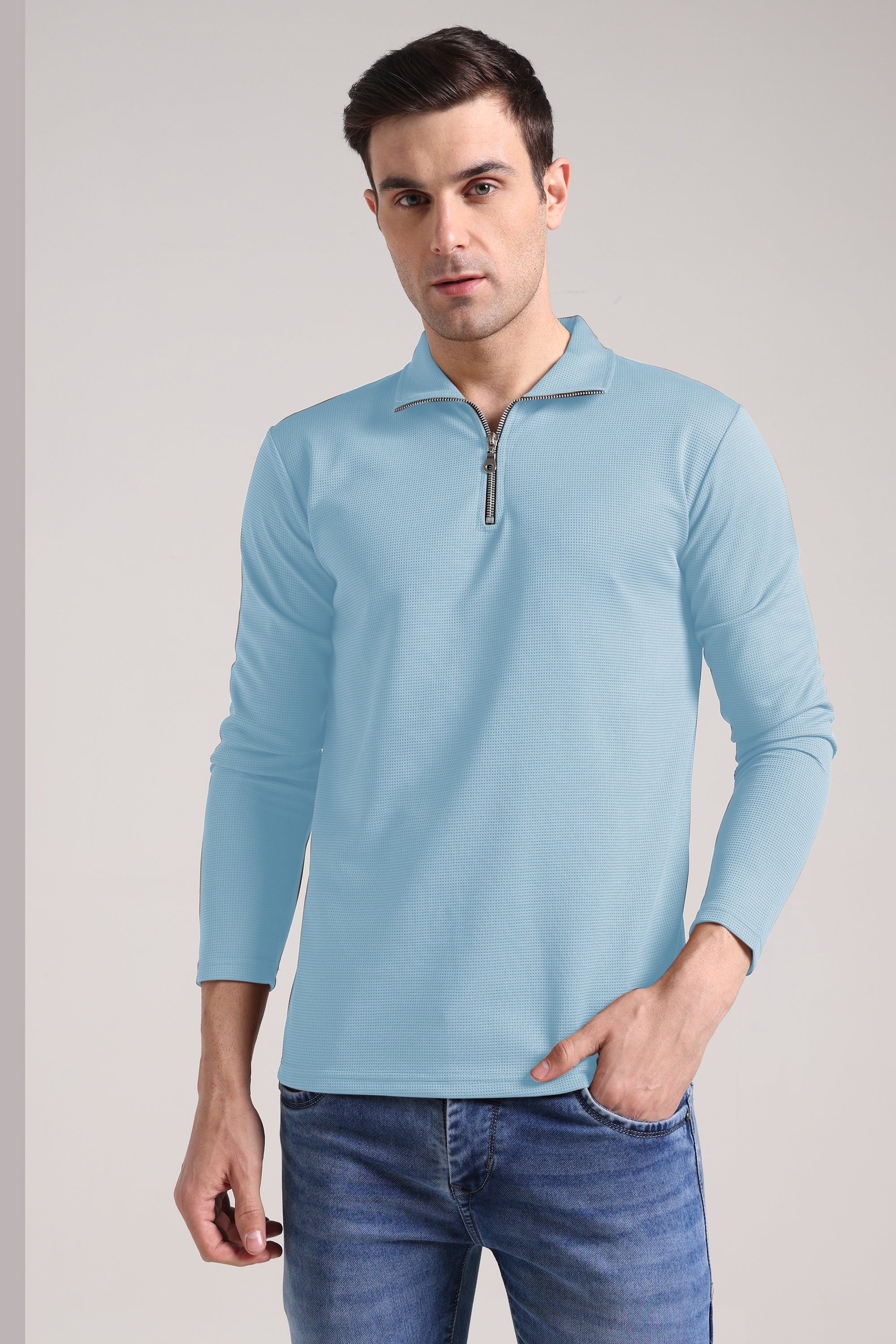 Men's Outer Mesh Mist Blue Full Sleeve Zipper T-Shirt