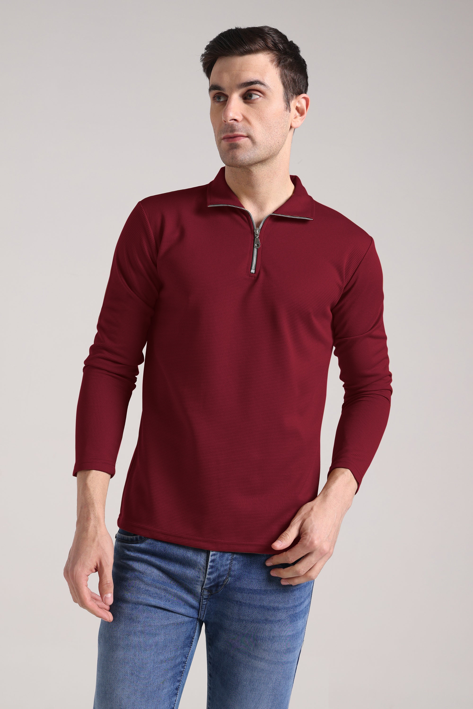 Men's Outer Mesh Maroon Full Sleeve Zipper T-Shirt