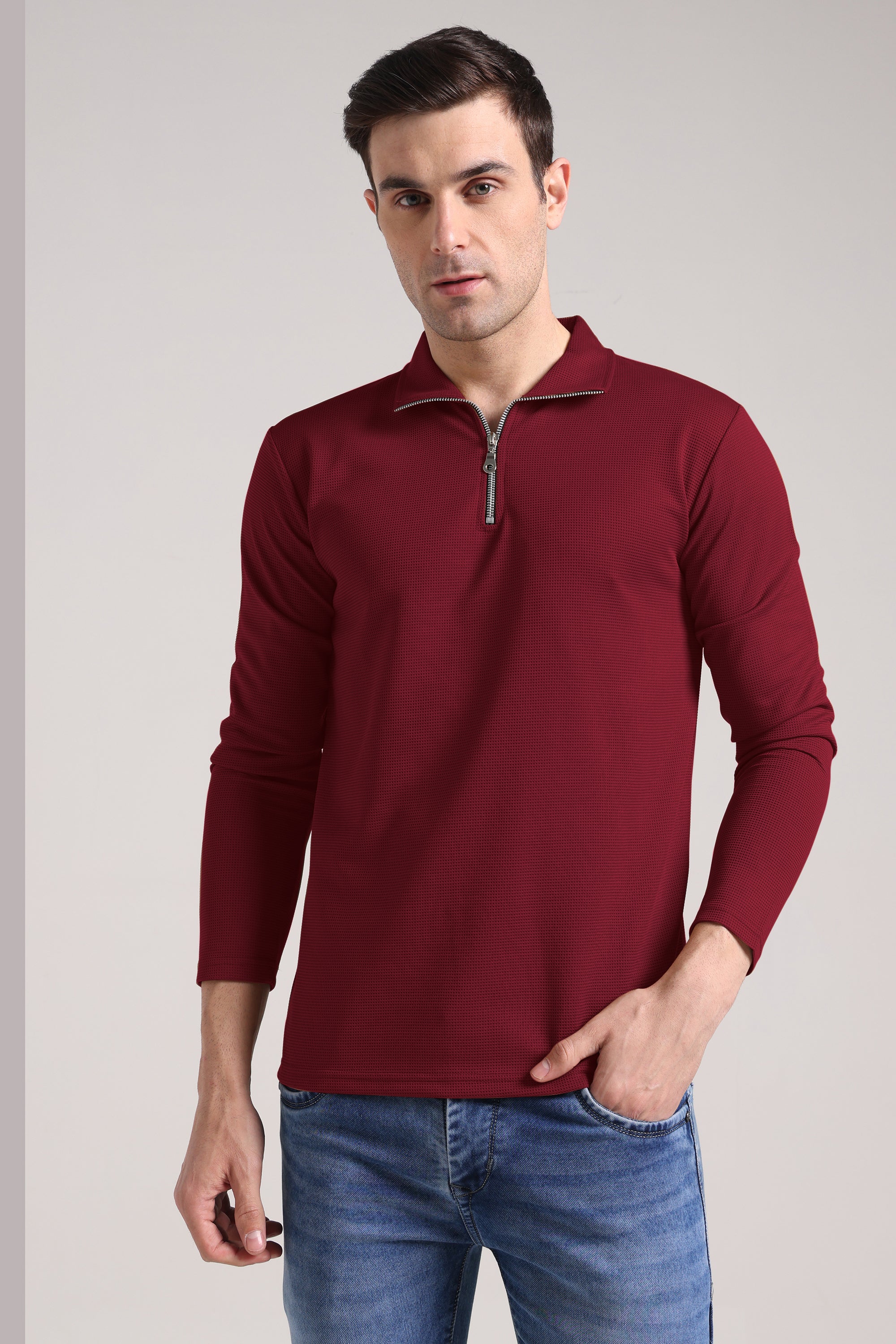 Men's Outer Mesh Maroon Full Sleeve Zipper T-Shirt