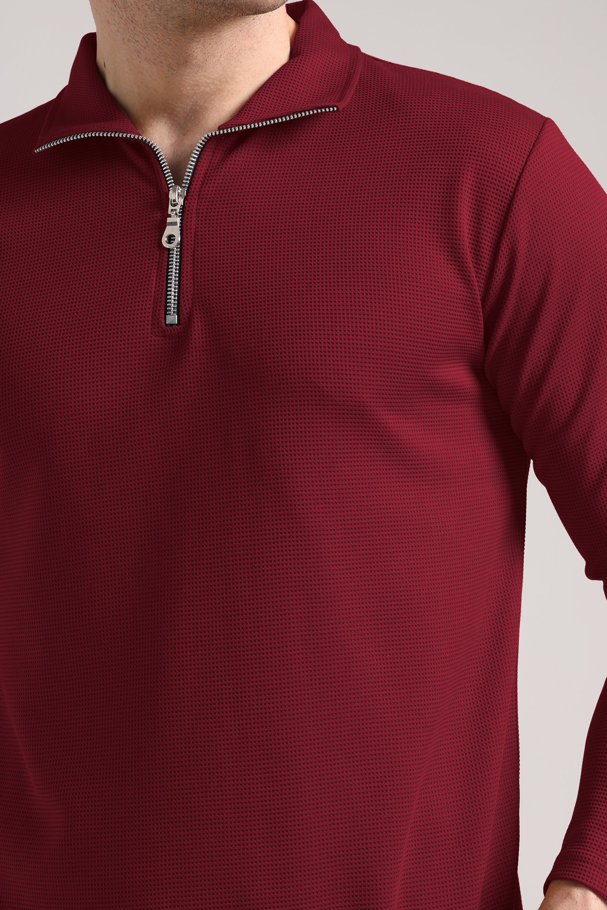 Men's Outer Mesh Maroon Full Sleeve Zipper T-Shirt
