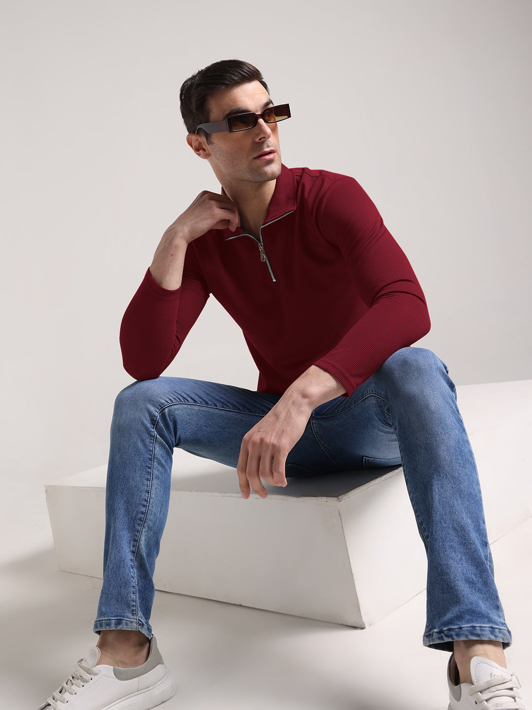 Men's Outer Mesh Maroon Full Sleeve Zipper T-Shirt