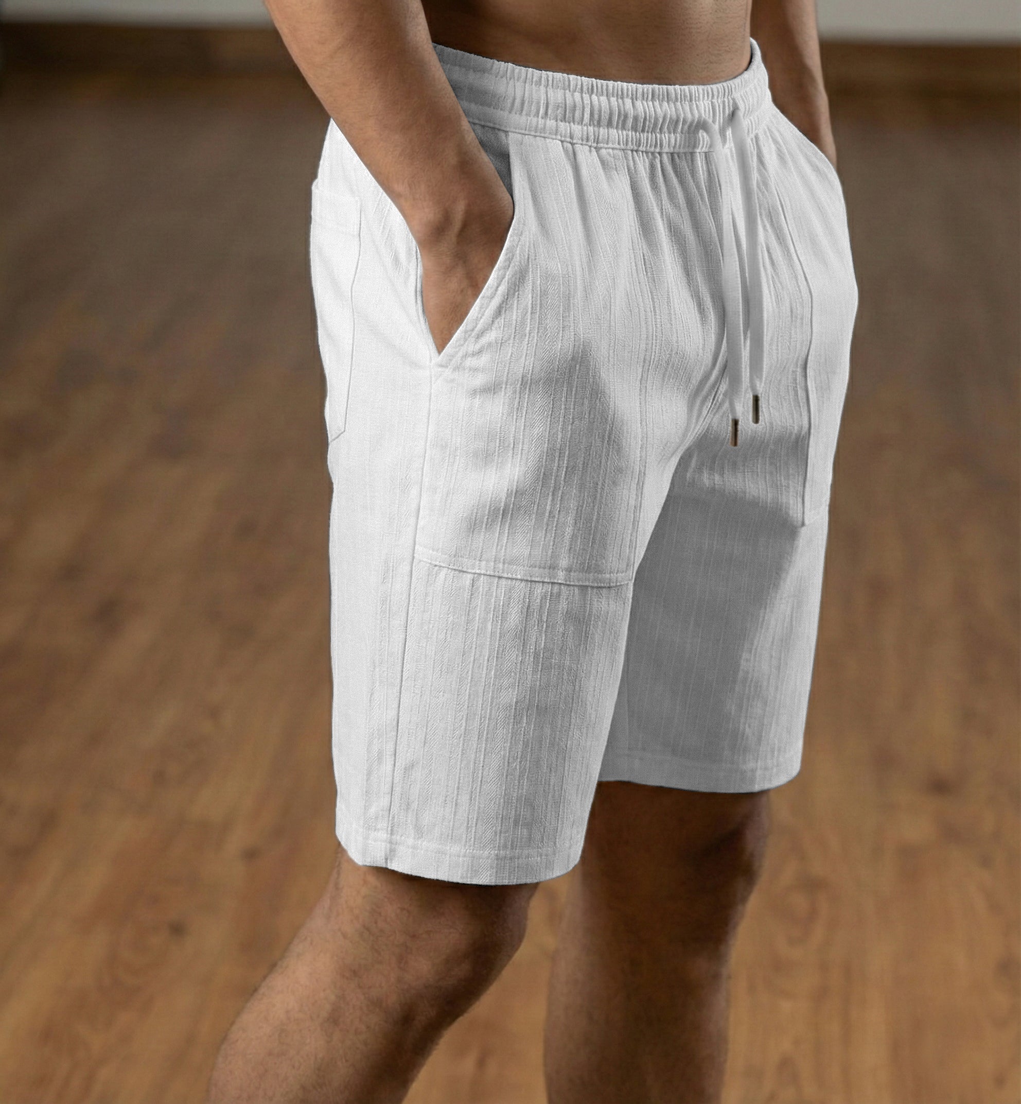 Men’s White Textured Polyester Jute Drawstring Shorts