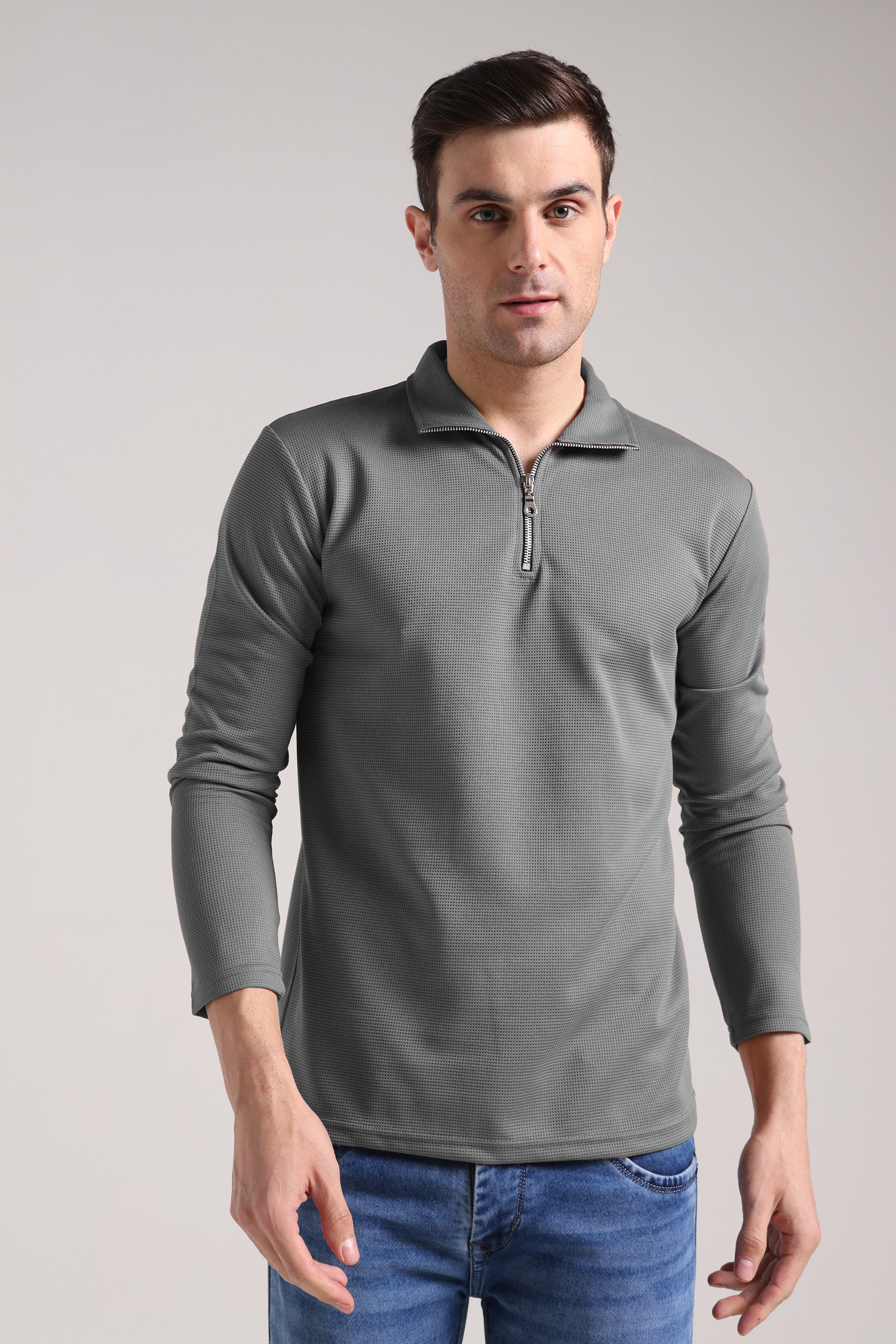 Men's Outer Mesh Window Gery Full Sleeve Zipper T-Shirt