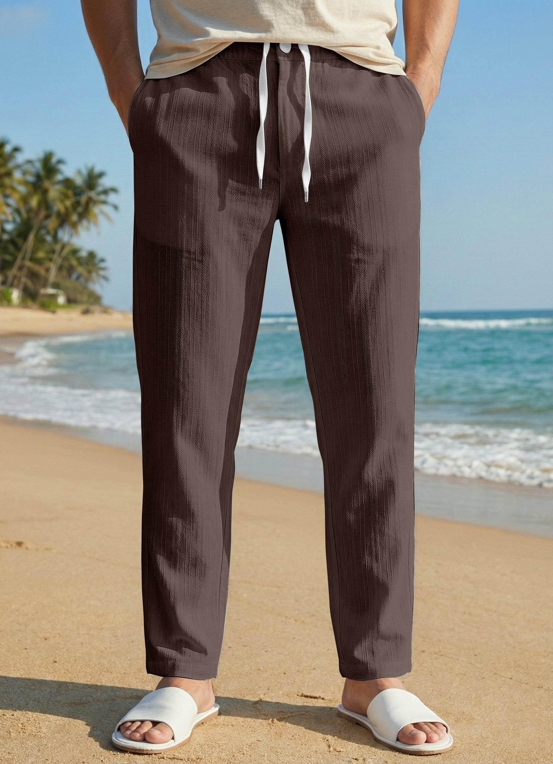 Men's Brown Casual Slub Drawstring Pants