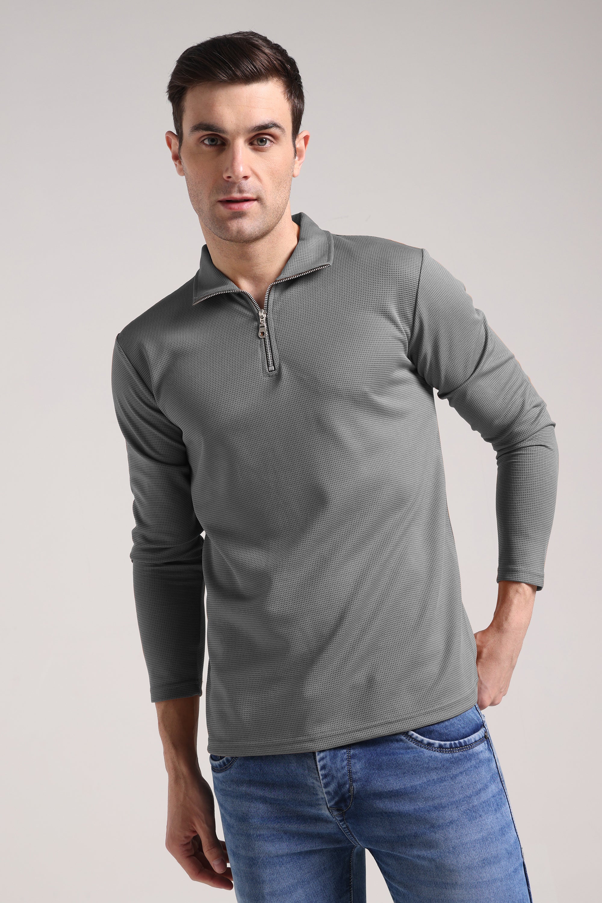 Men's Outer Mesh Window Gery Full Sleeve Zipper T-Shirt