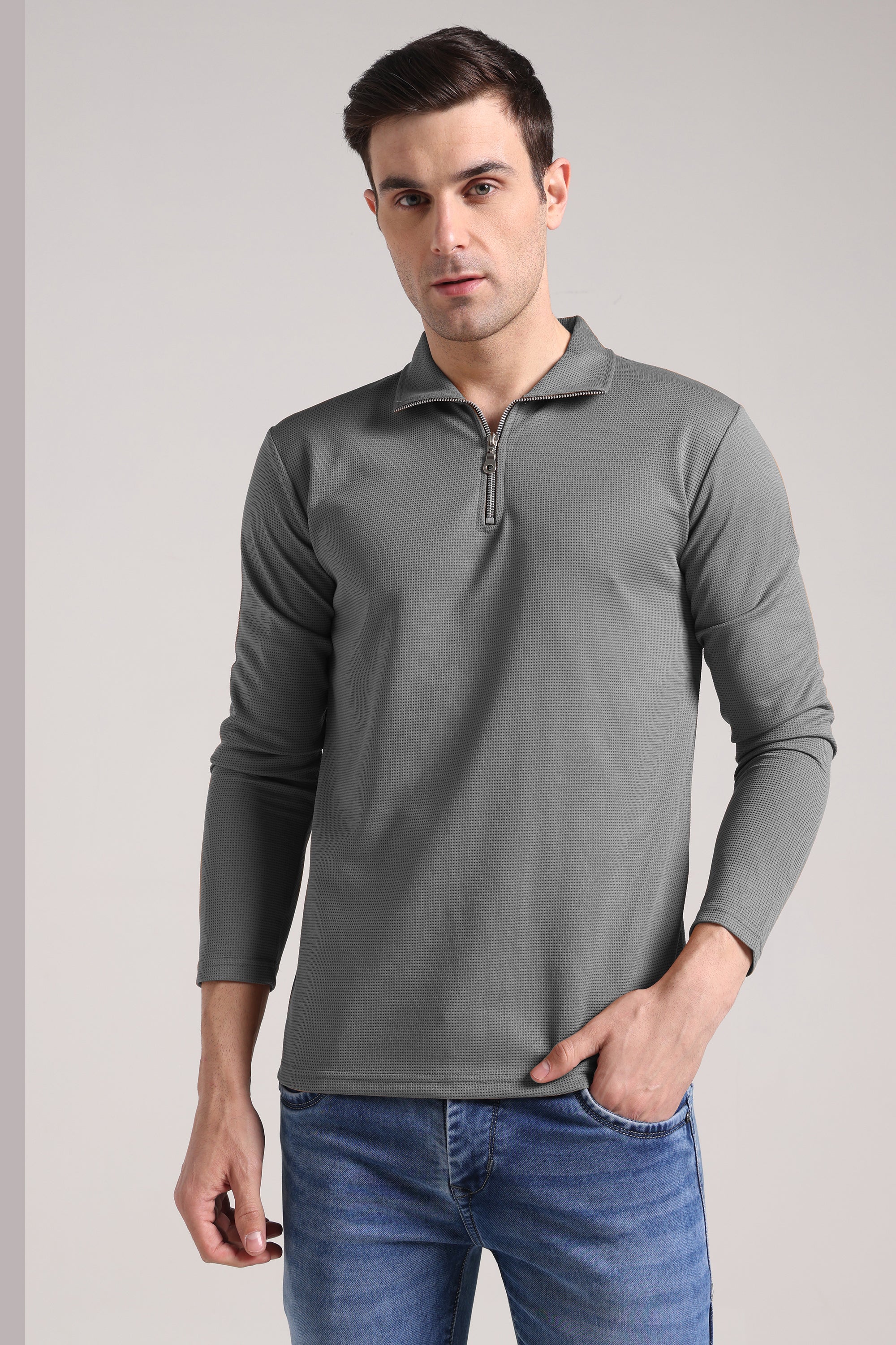 Men's Outer Mesh Window Gery Full Sleeve Zipper T-Shirt