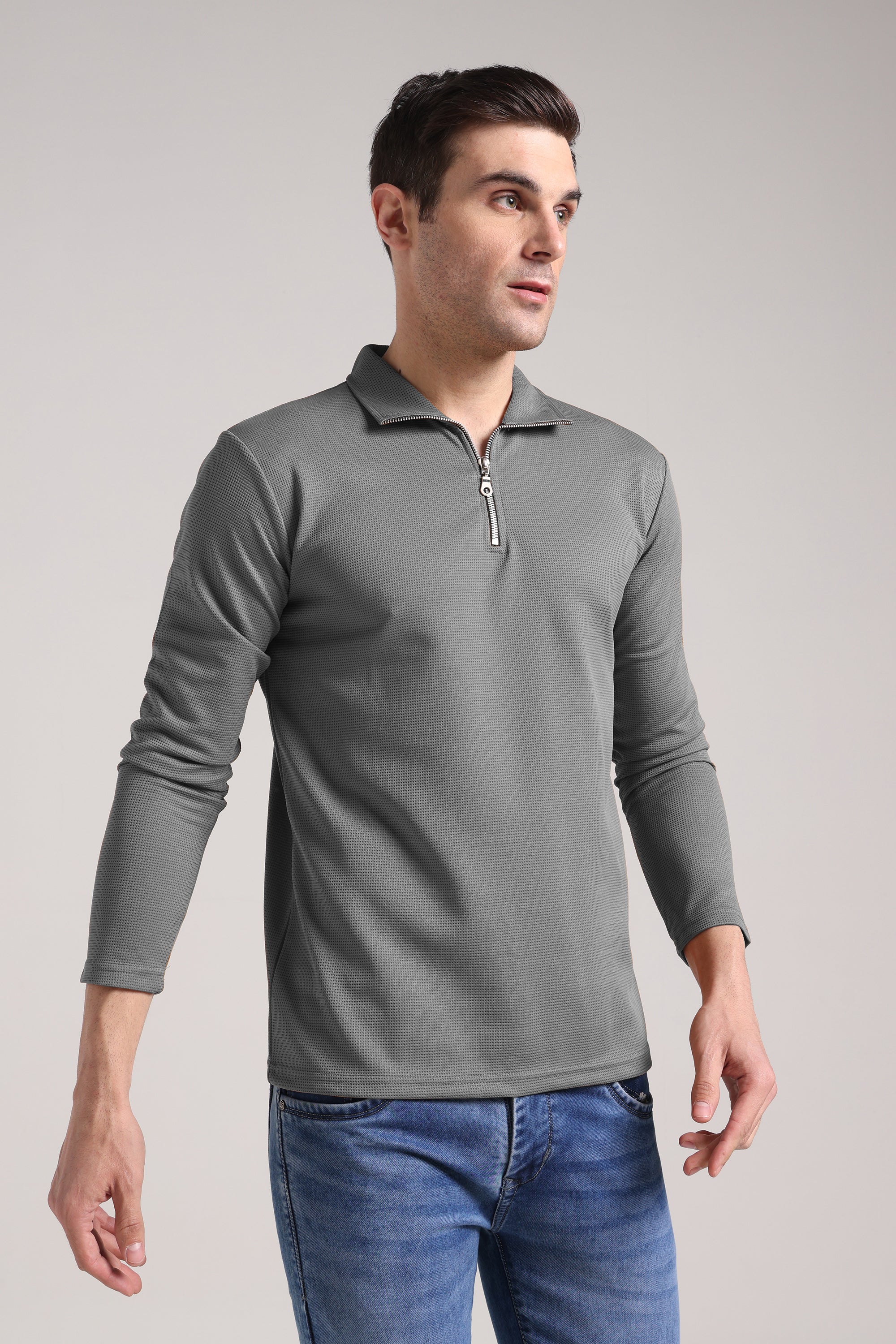 Men's Outer Mesh Window Gery Full Sleeve Zipper T-Shirt