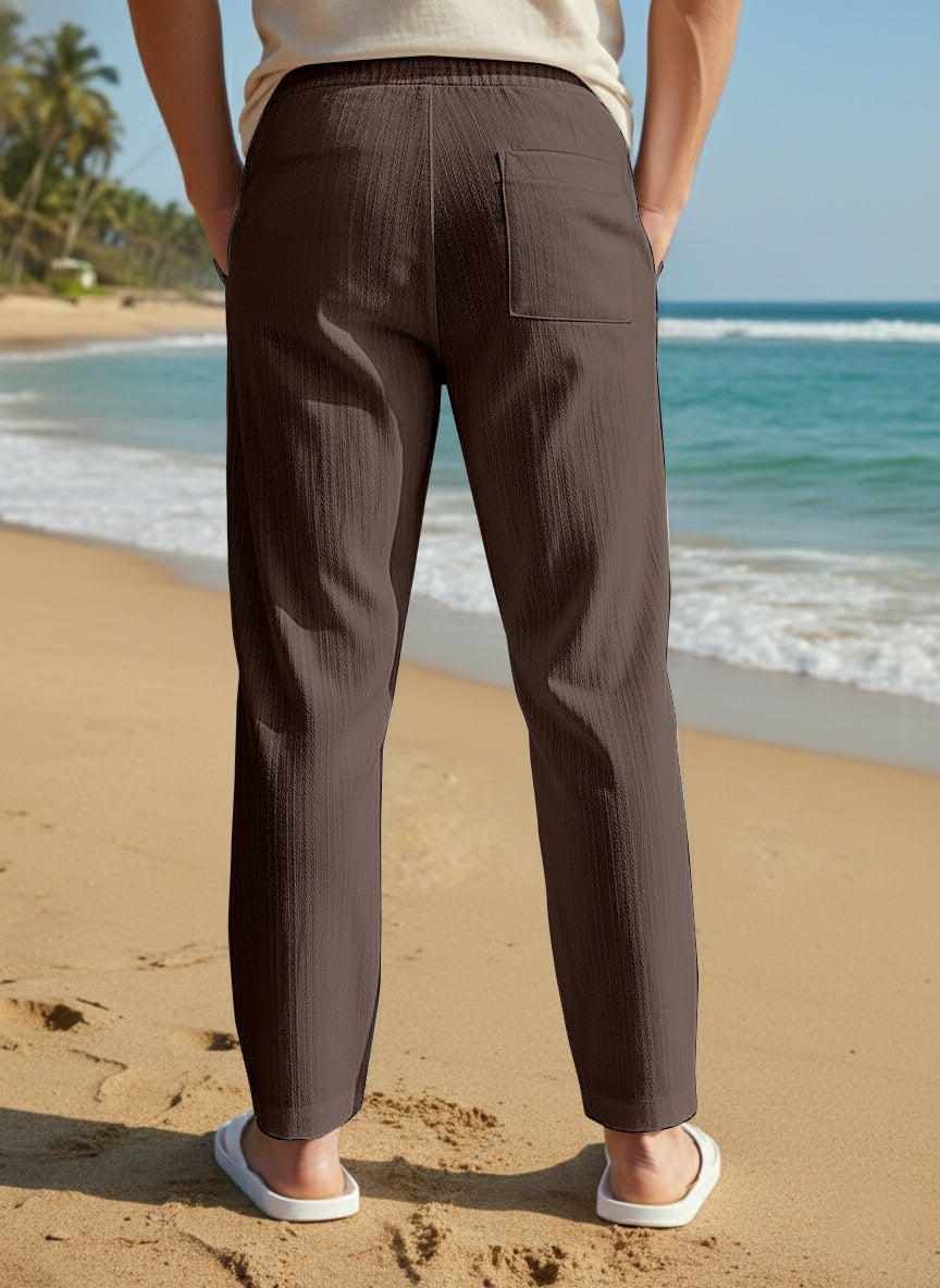 Men's Brown Casual Slub Drawstring Pants
