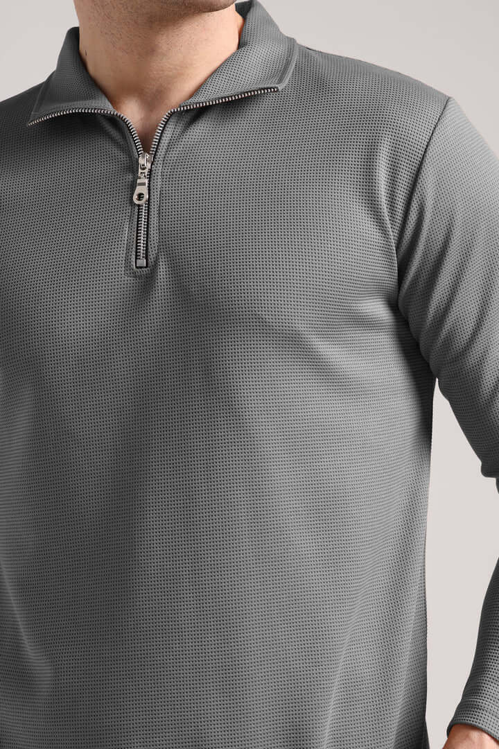 Men's Outer Mesh Window Gery Full Sleeve Zipper T-Shirt