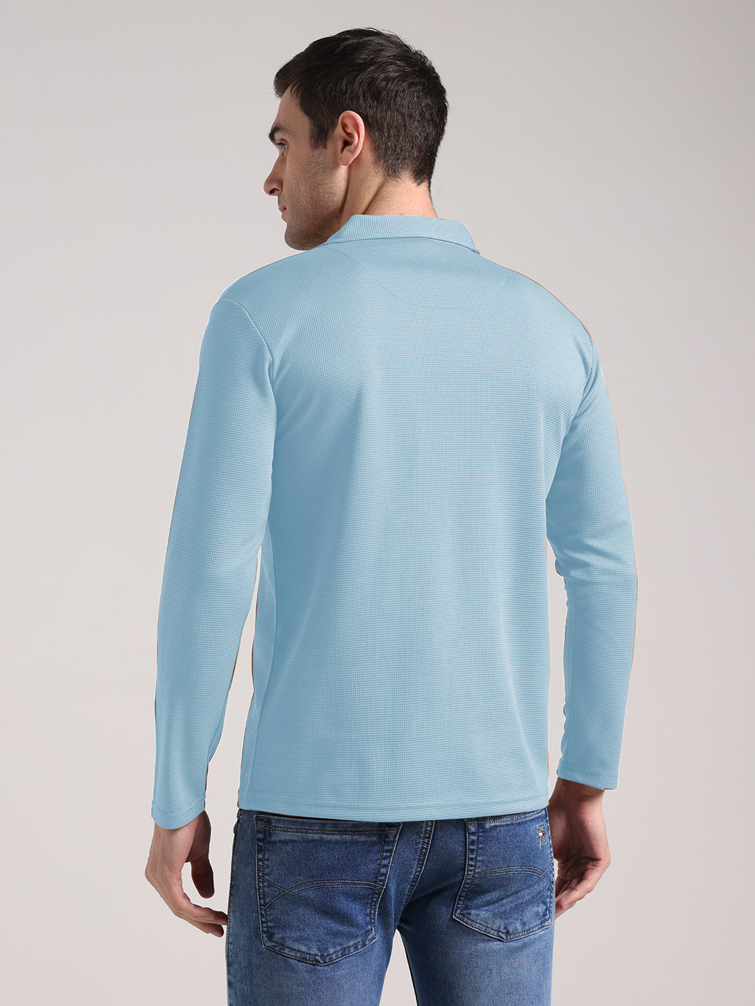 Men's Outer Mesh Mist Blue Full Sleeve Zipper T-Shirt
