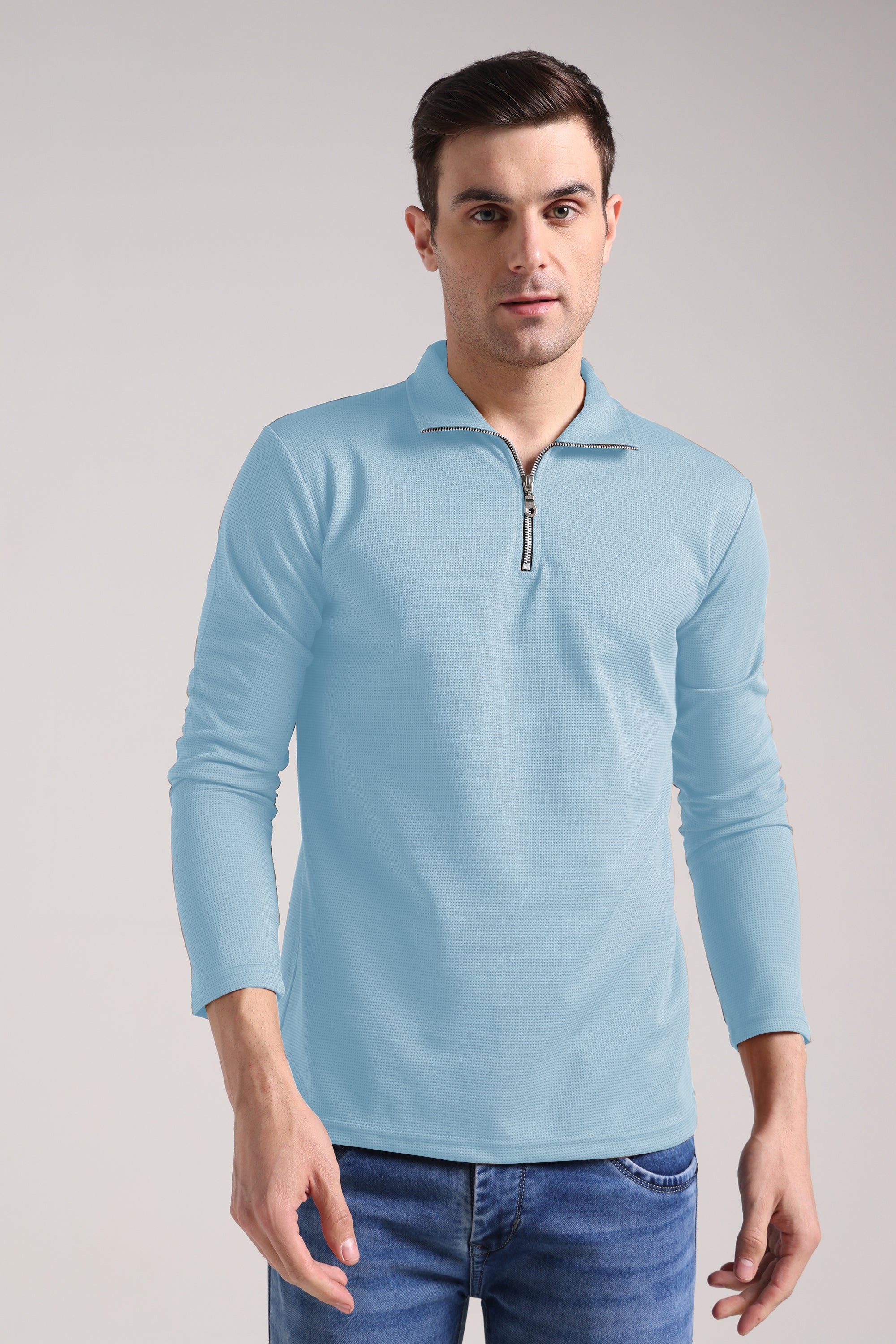 Men's Outer Mesh Mist Blue Full Sleeve Zipper T-Shirt