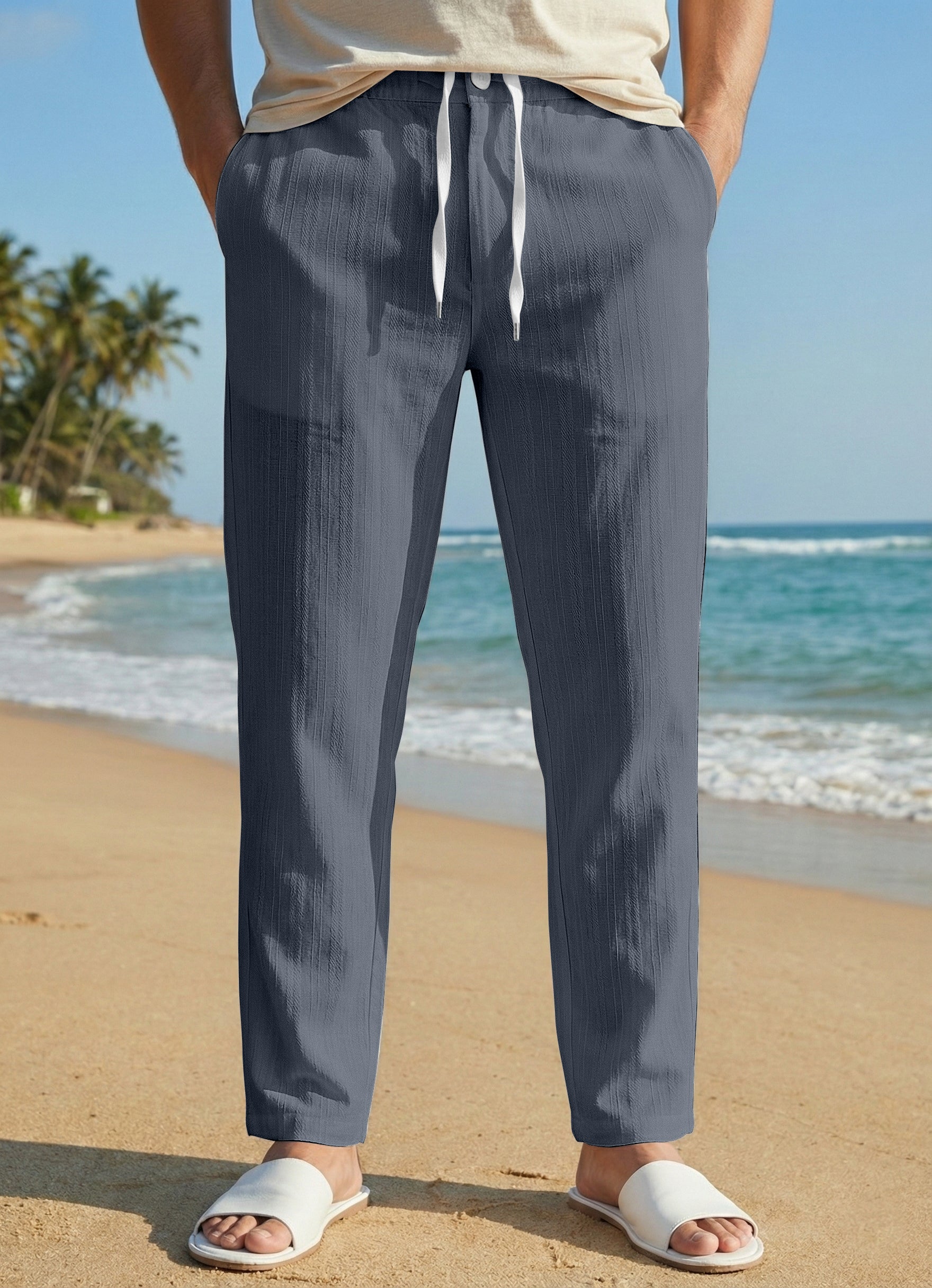 Men's Charcoal Grey Casual Slub Drawstring Pants