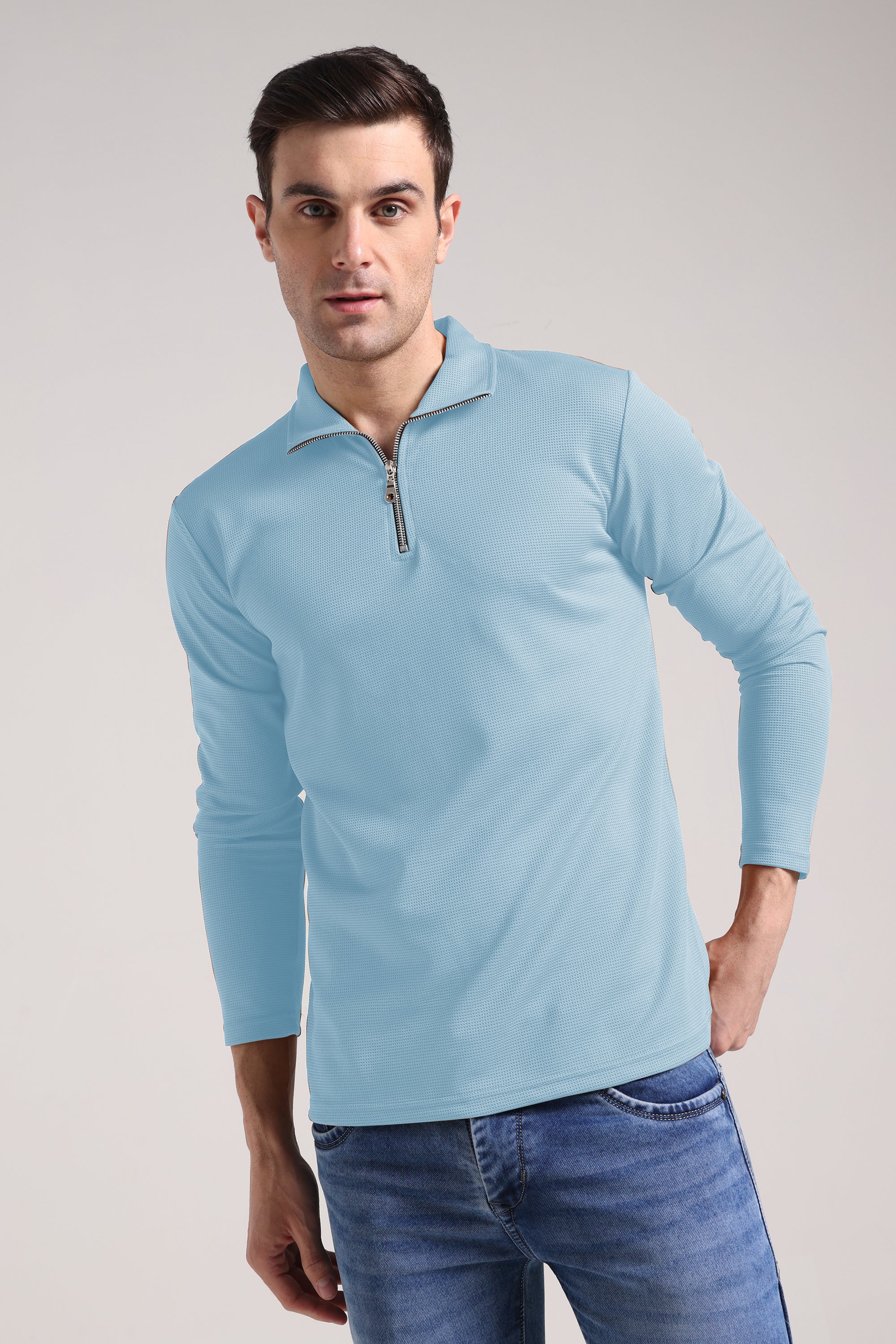 Men's Outer Mesh Mist Blue Full Sleeve Zipper T-Shirt