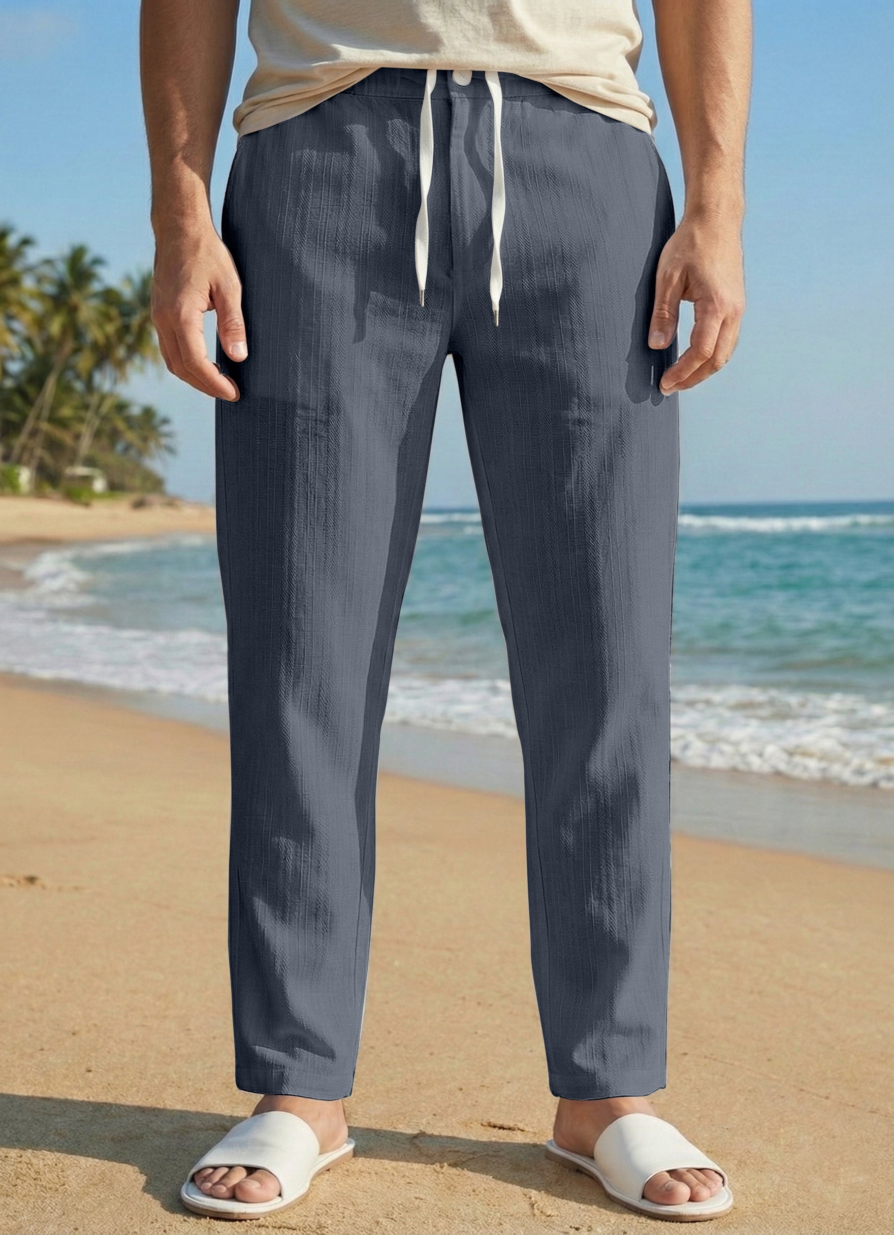 Men's Charcoal Grey Casual Slub Drawstring Pants