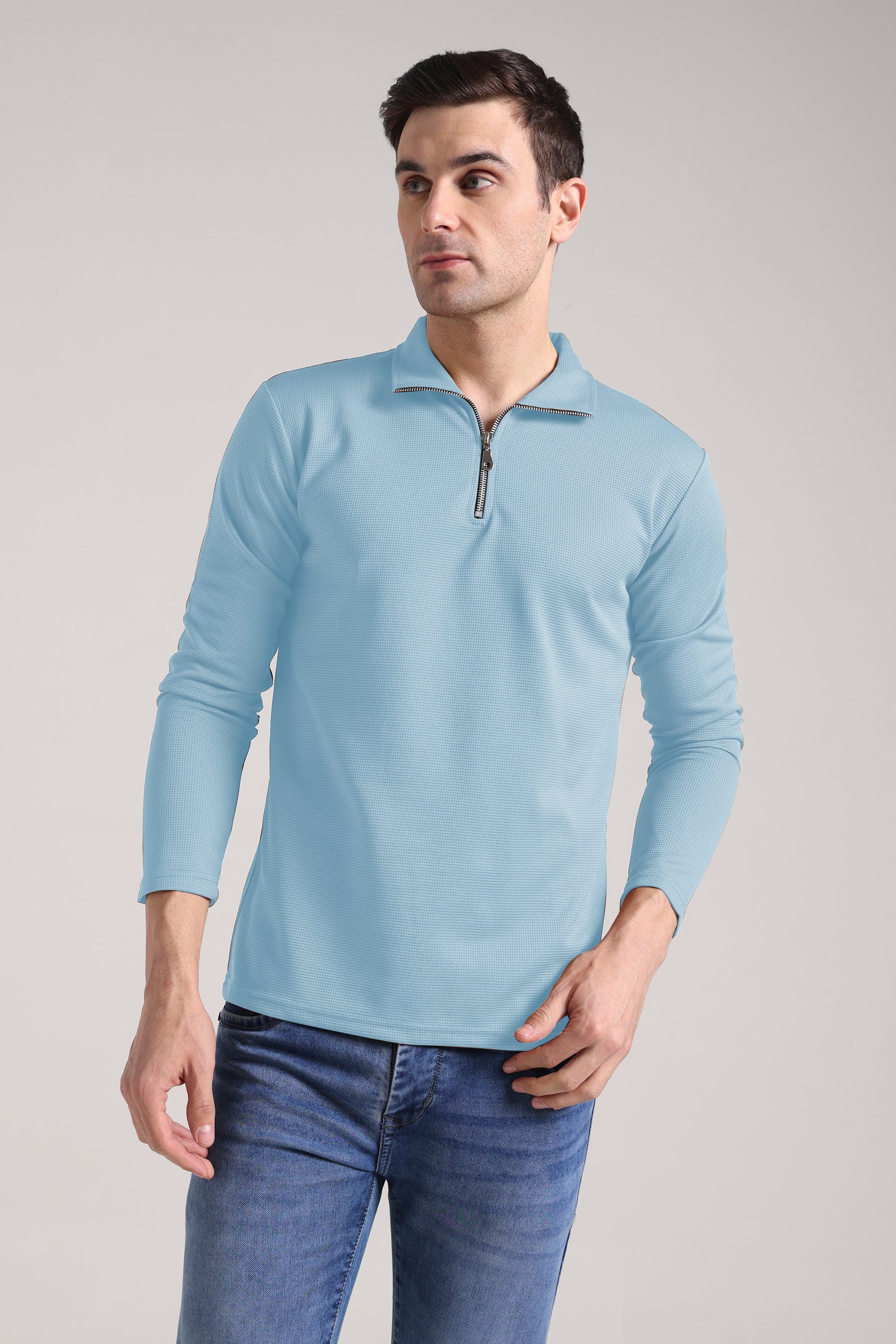 Men's Outer Mesh Mist Blue Full Sleeve Zipper T-Shirt