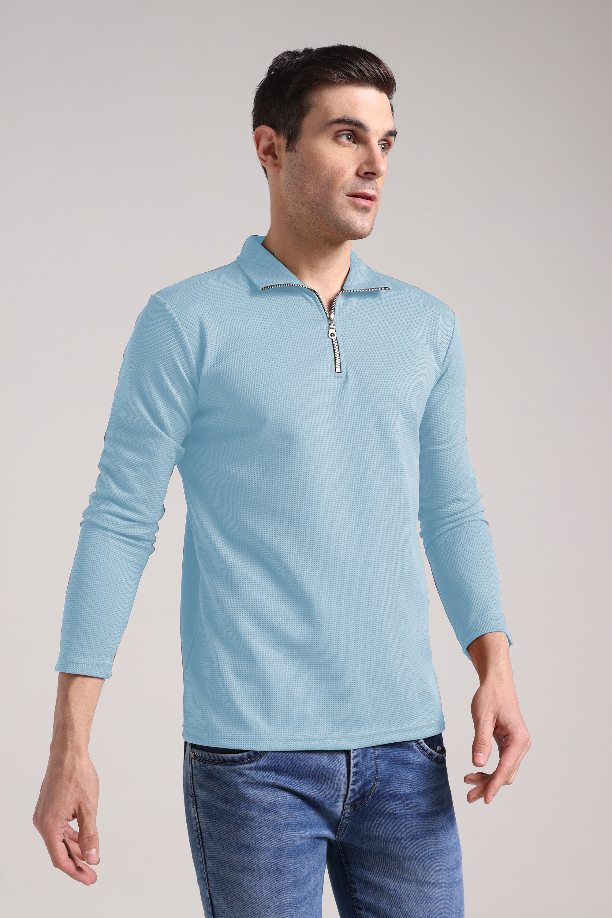 Men's Outer Mesh Mist Blue Full Sleeve Zipper T-Shirt