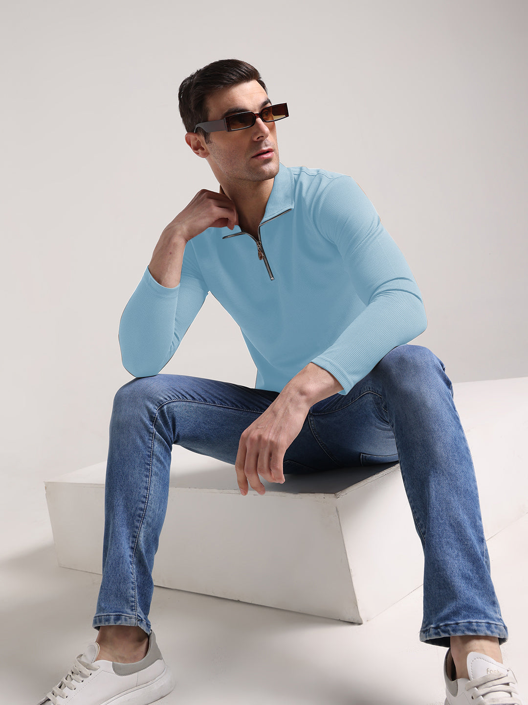 Men's Outer Mesh Mist Blue Full Sleeve Zipper T-Shirt