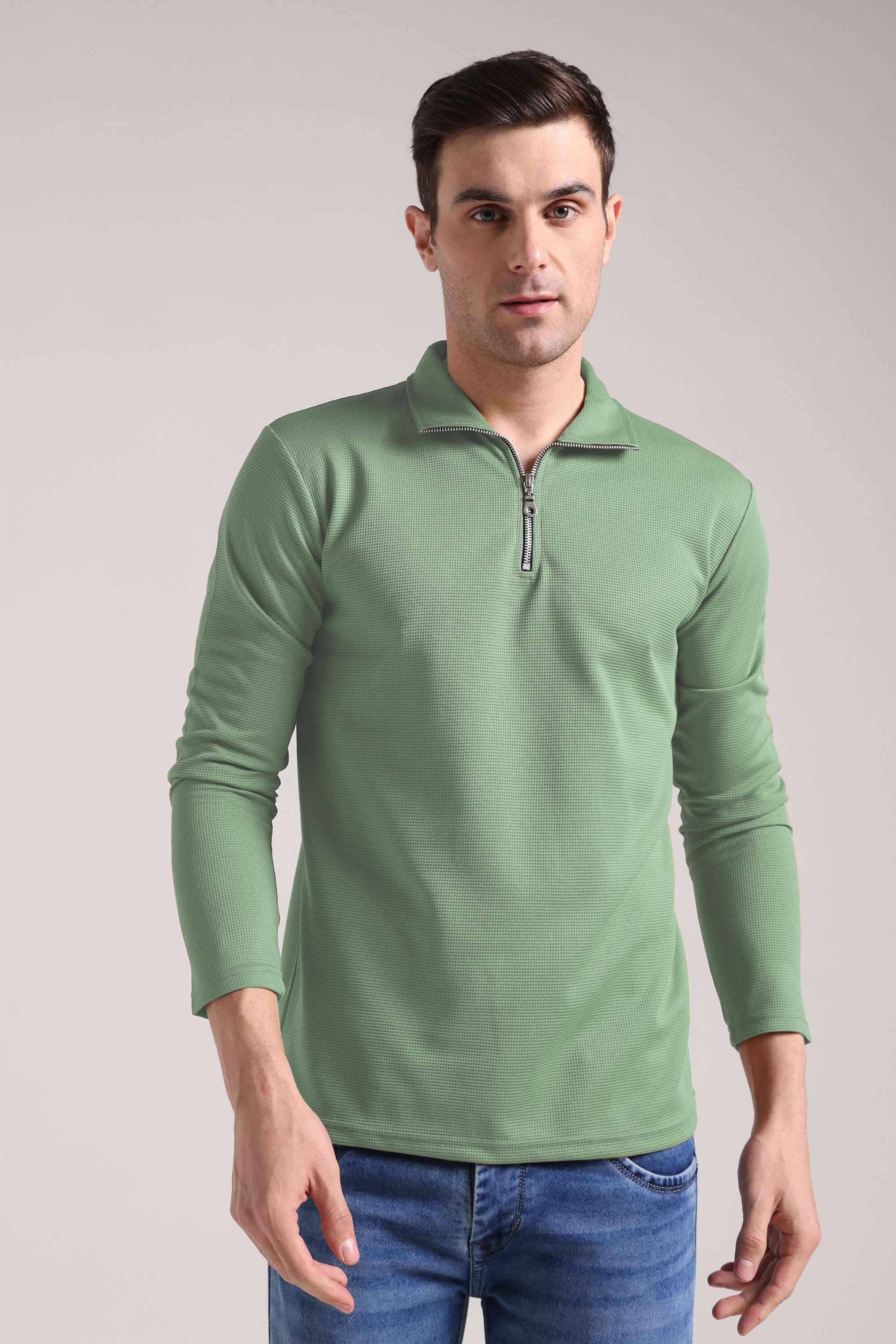 Men's Outer Mesh Pastel Green Full Sleeve Zipper T-Shirt