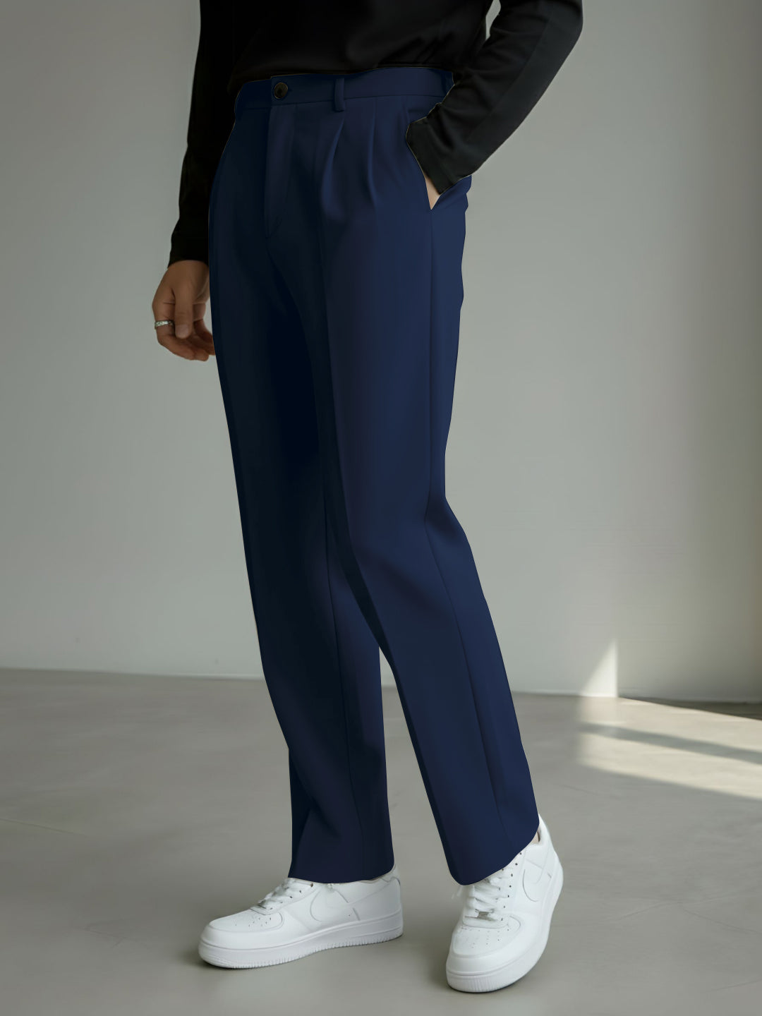 Men's Navy Blue Loose-Fit Korean Trouser