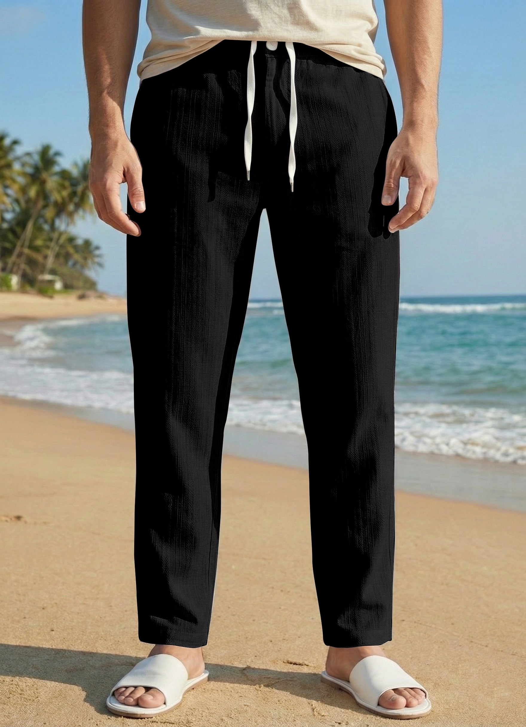 Men's Classic Black Casual Slub Drawstring Pants
