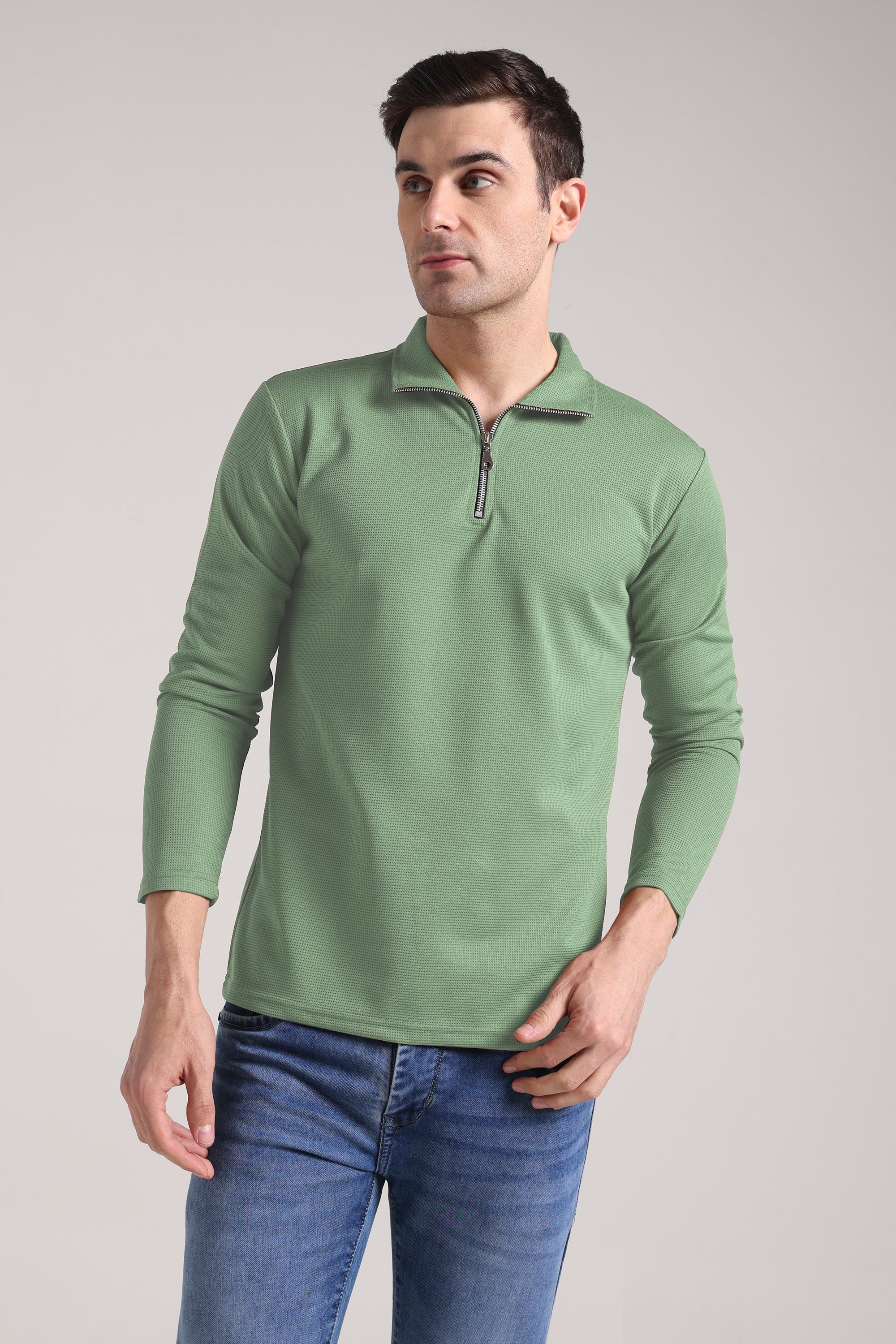 Men's Outer Mesh Pastel Green Full Sleeve Zipper T-Shirt