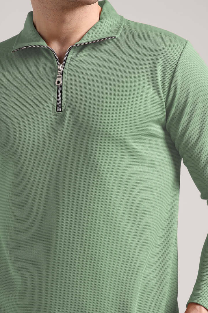 Men's Outer Mesh Pastel Green Full Sleeve Zipper T-Shirt