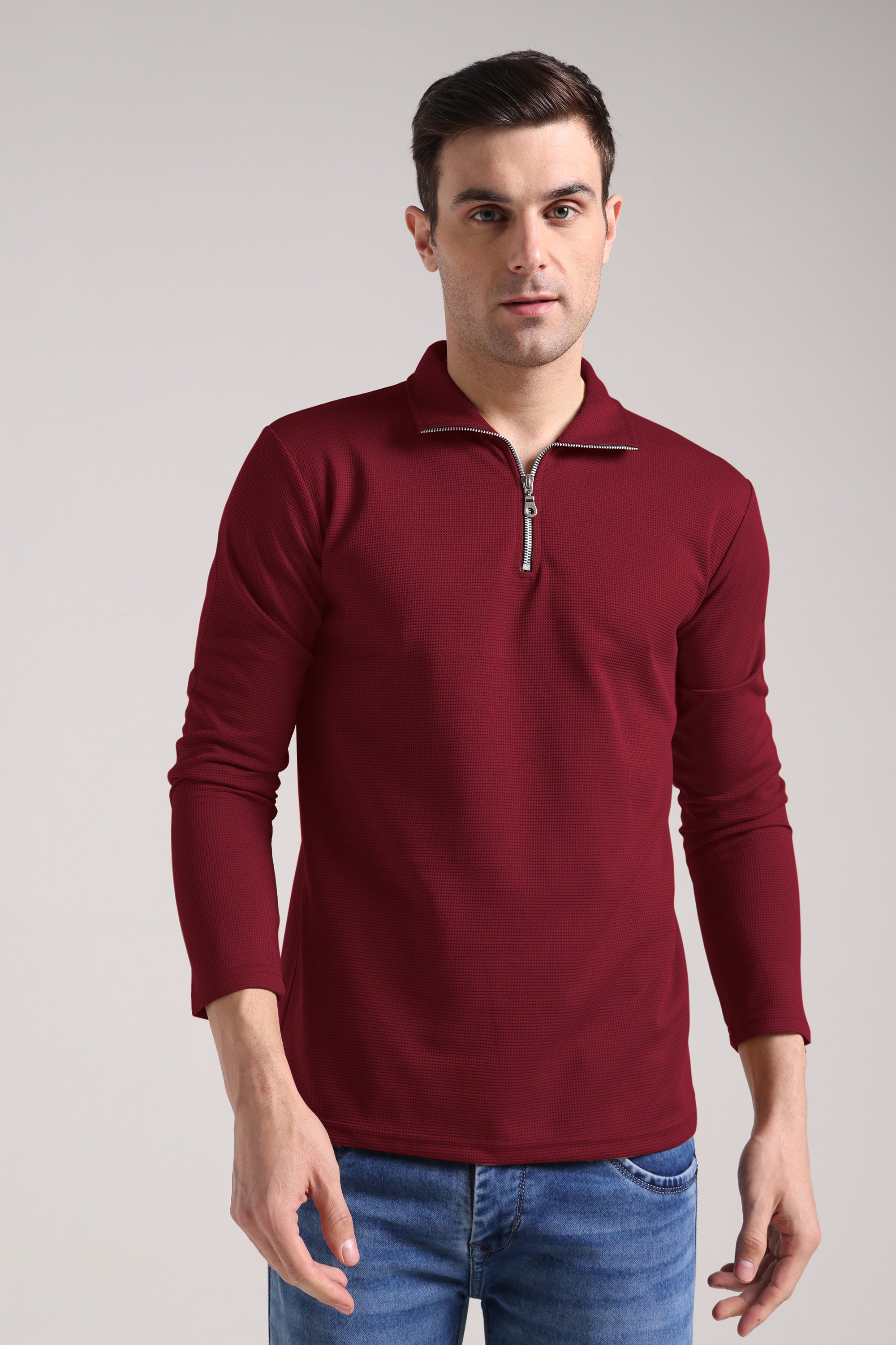 Men's Outer Mesh Maroon Full Sleeve Zipper T-Shirt