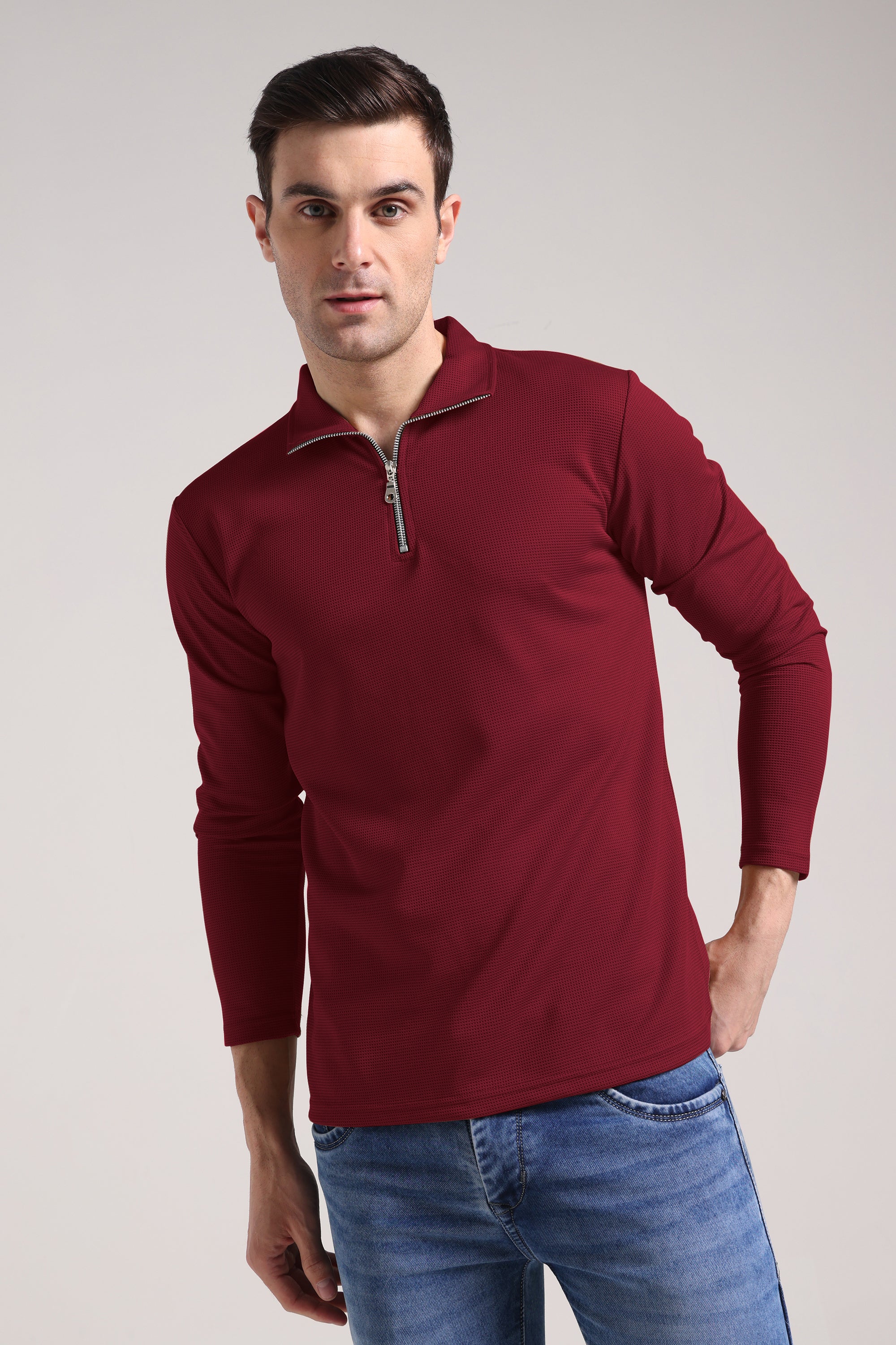 Men's Outer Mesh Maroon Full Sleeve Zipper T-Shirt