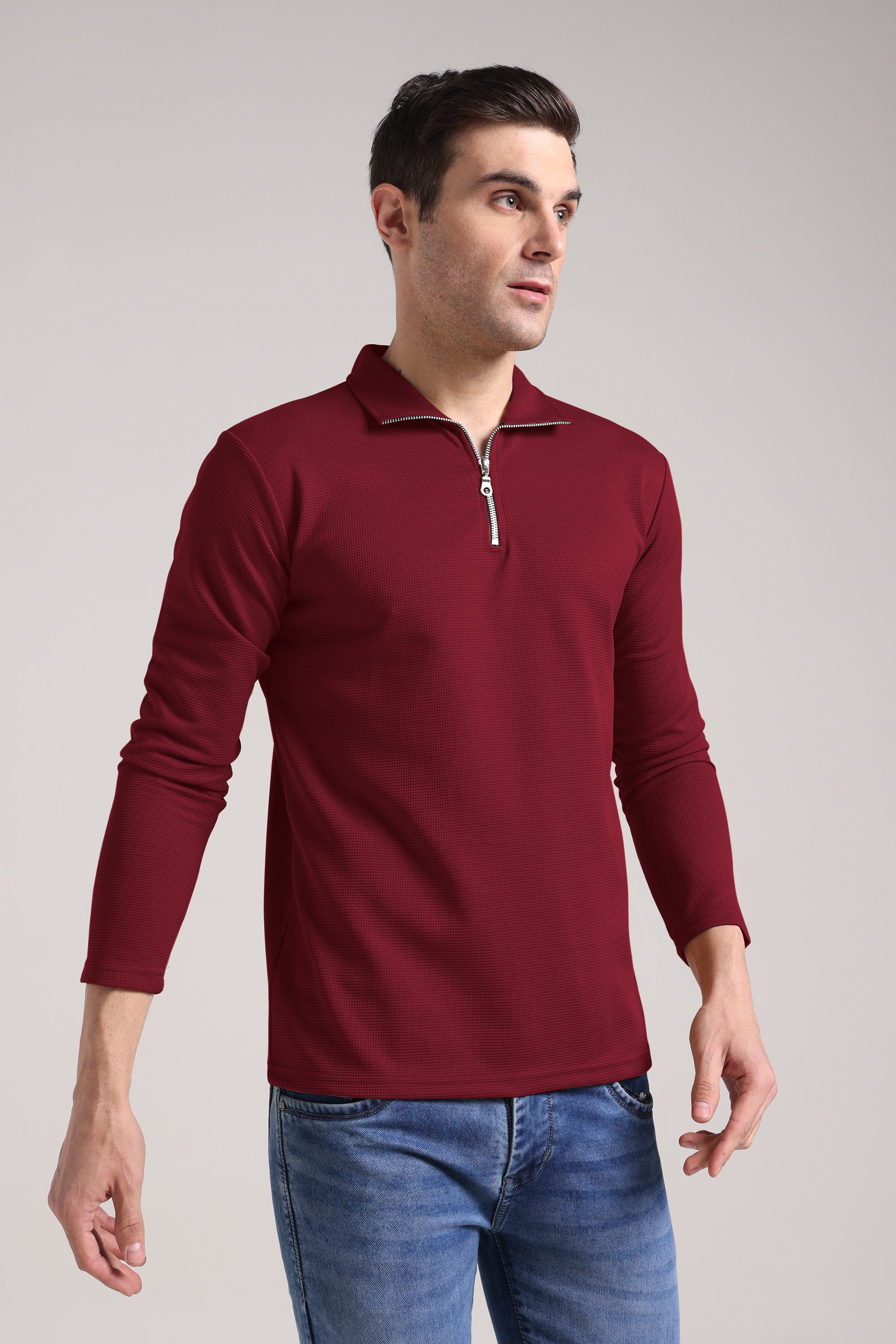 Men's Outer Mesh Maroon Full Sleeve Zipper T-Shirt