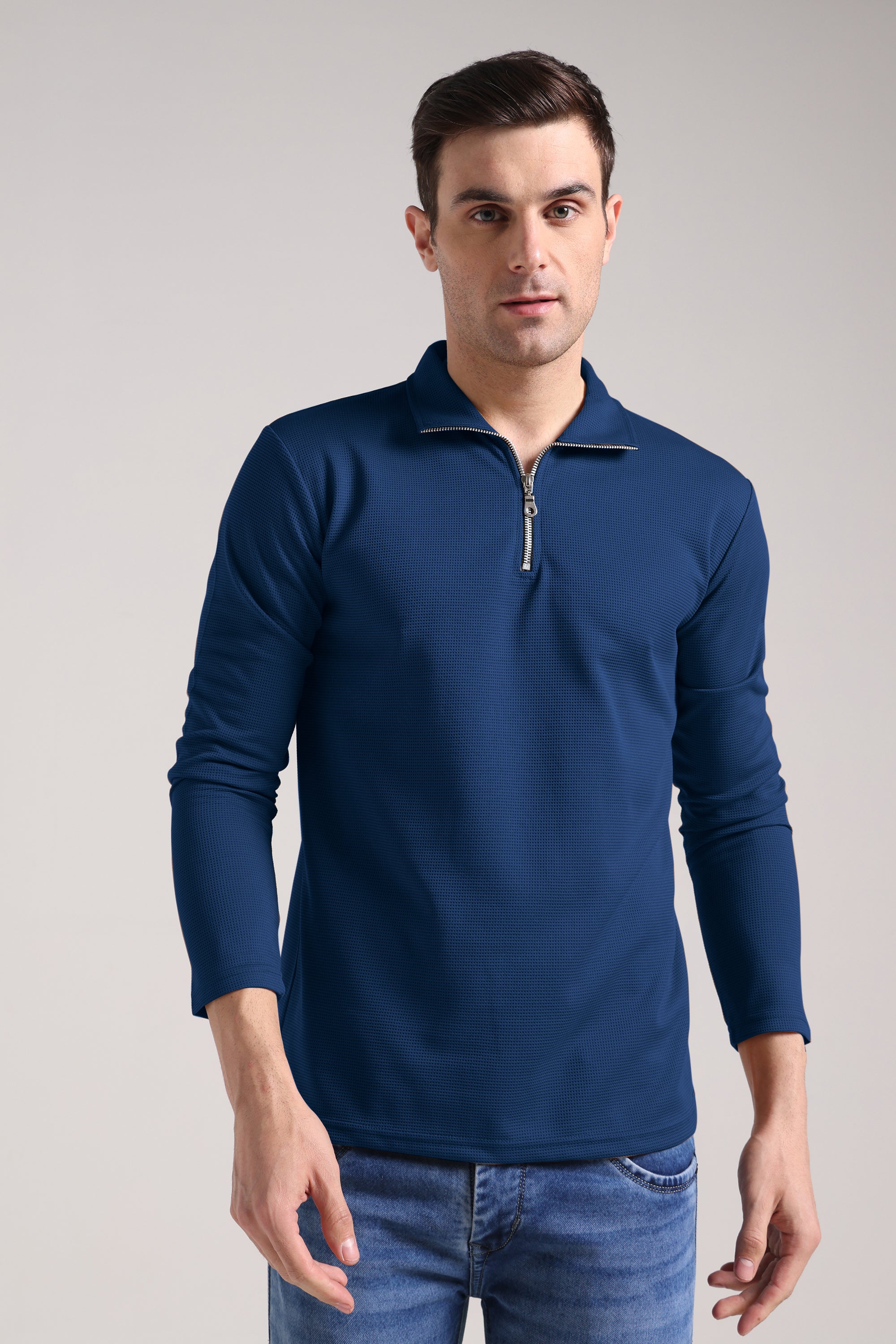 Men's Outer Mesh Royal Blue Full Sleeve Zipper T-Shirt