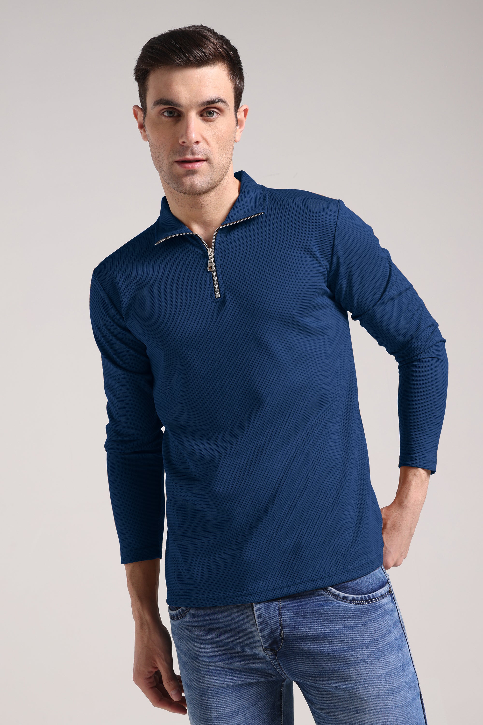 Men's Outer Mesh Royal Blue Full Sleeve Zipper T-Shirt