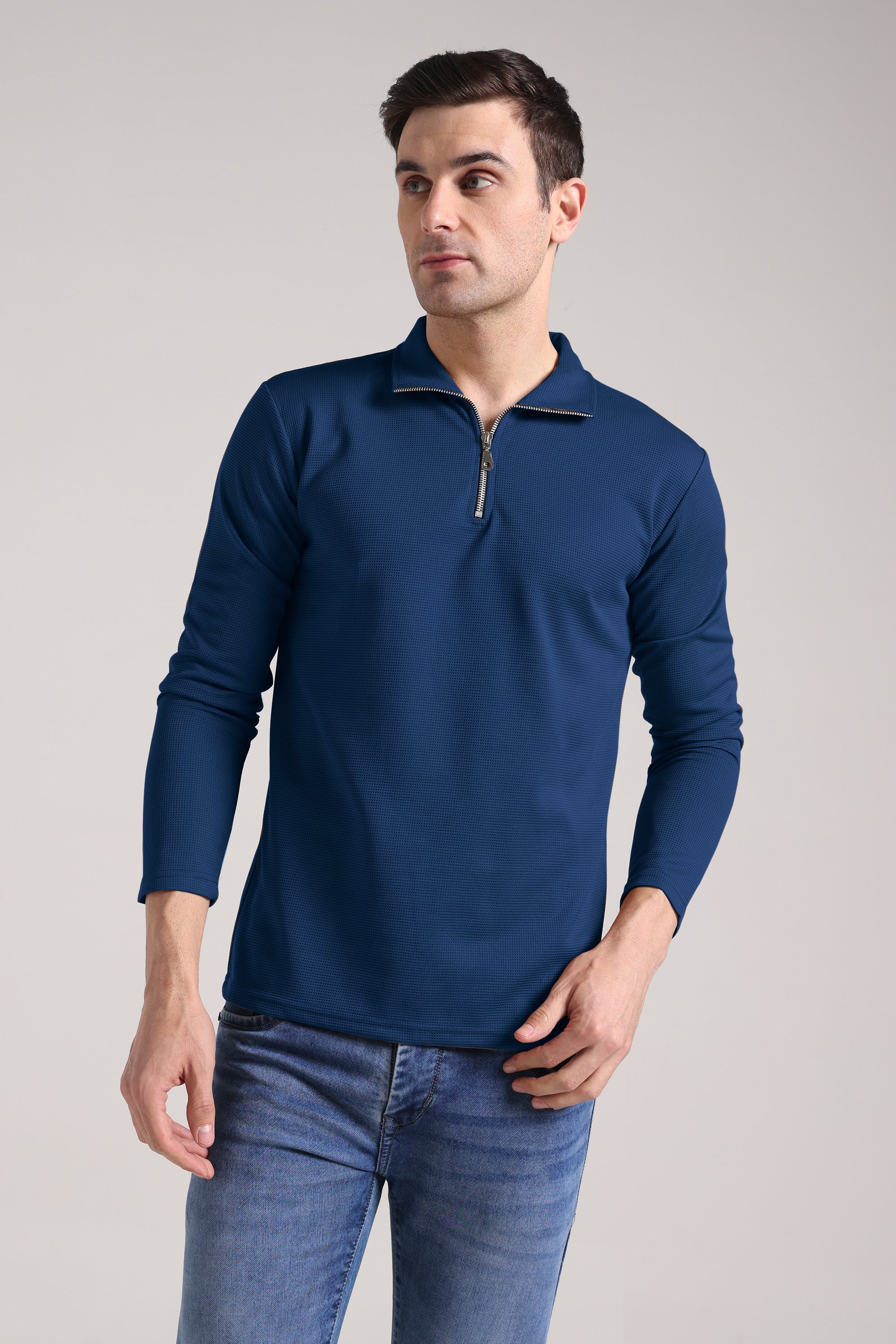 Men's Outer Mesh Royal Blue Full Sleeve Zipper T-Shirt