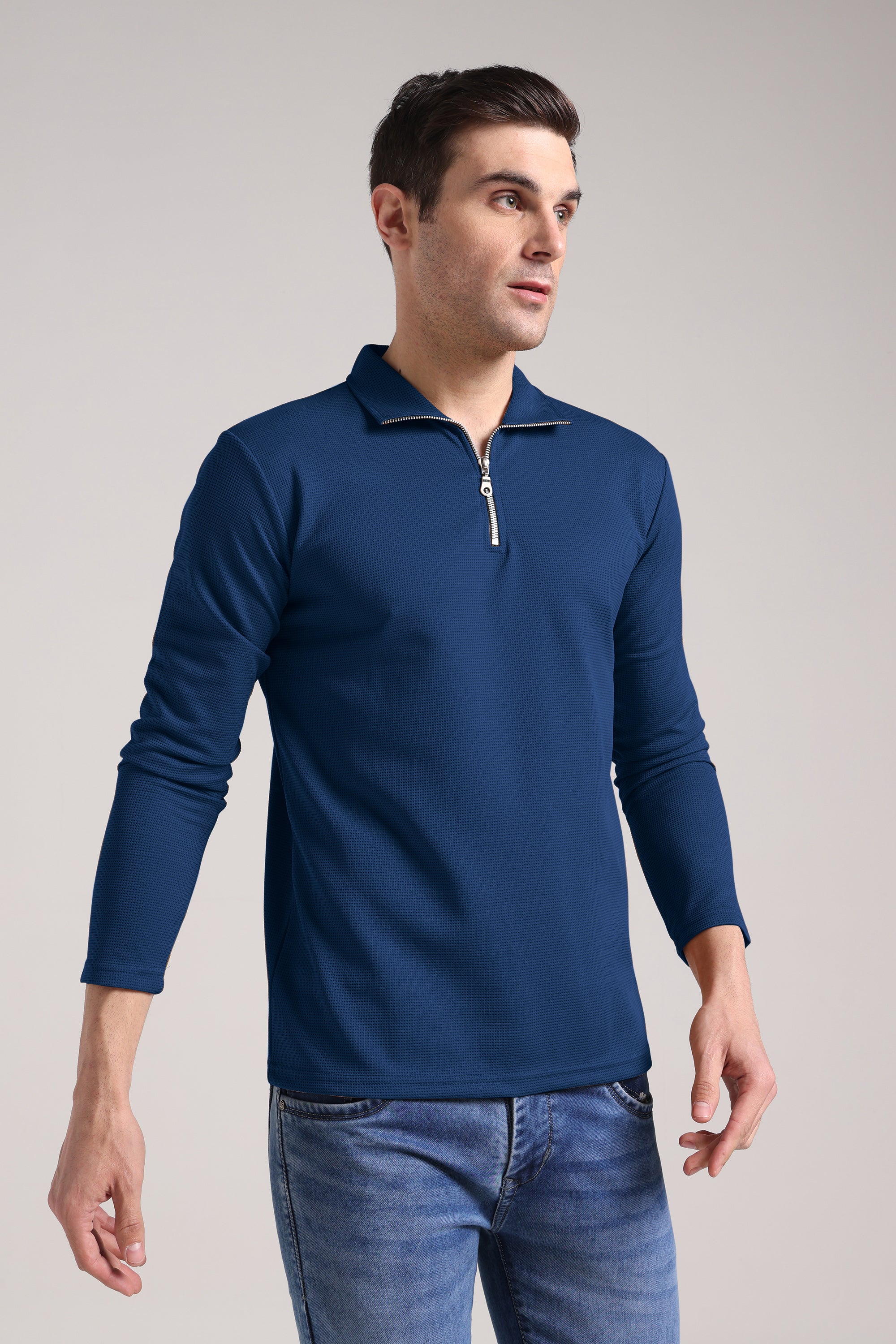 Men's Outer Mesh Royal Blue Full Sleeve Zipper T-Shirt
