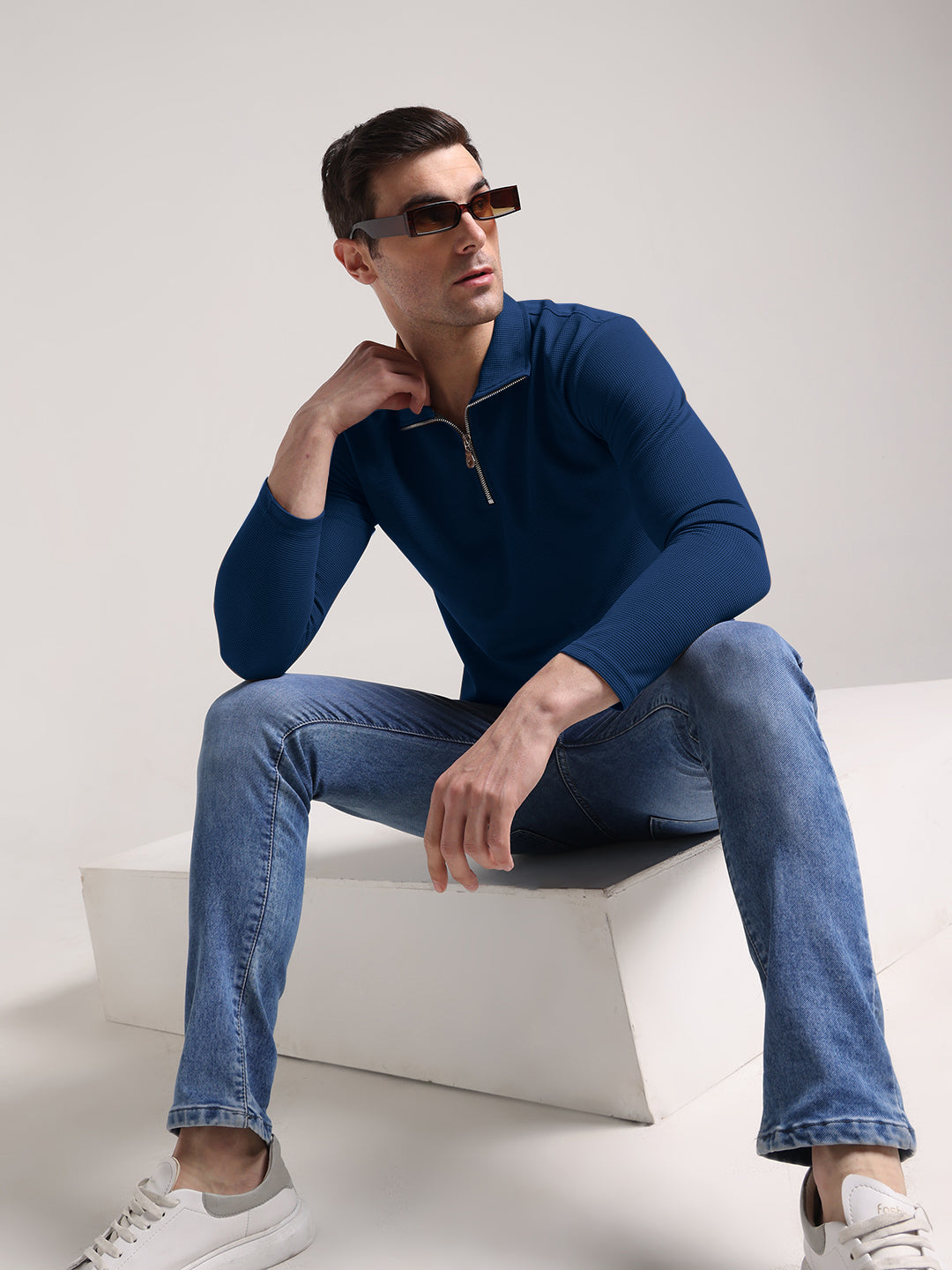 Men's Outer Mesh Royal Blue Full Sleeve Zipper T-Shirt