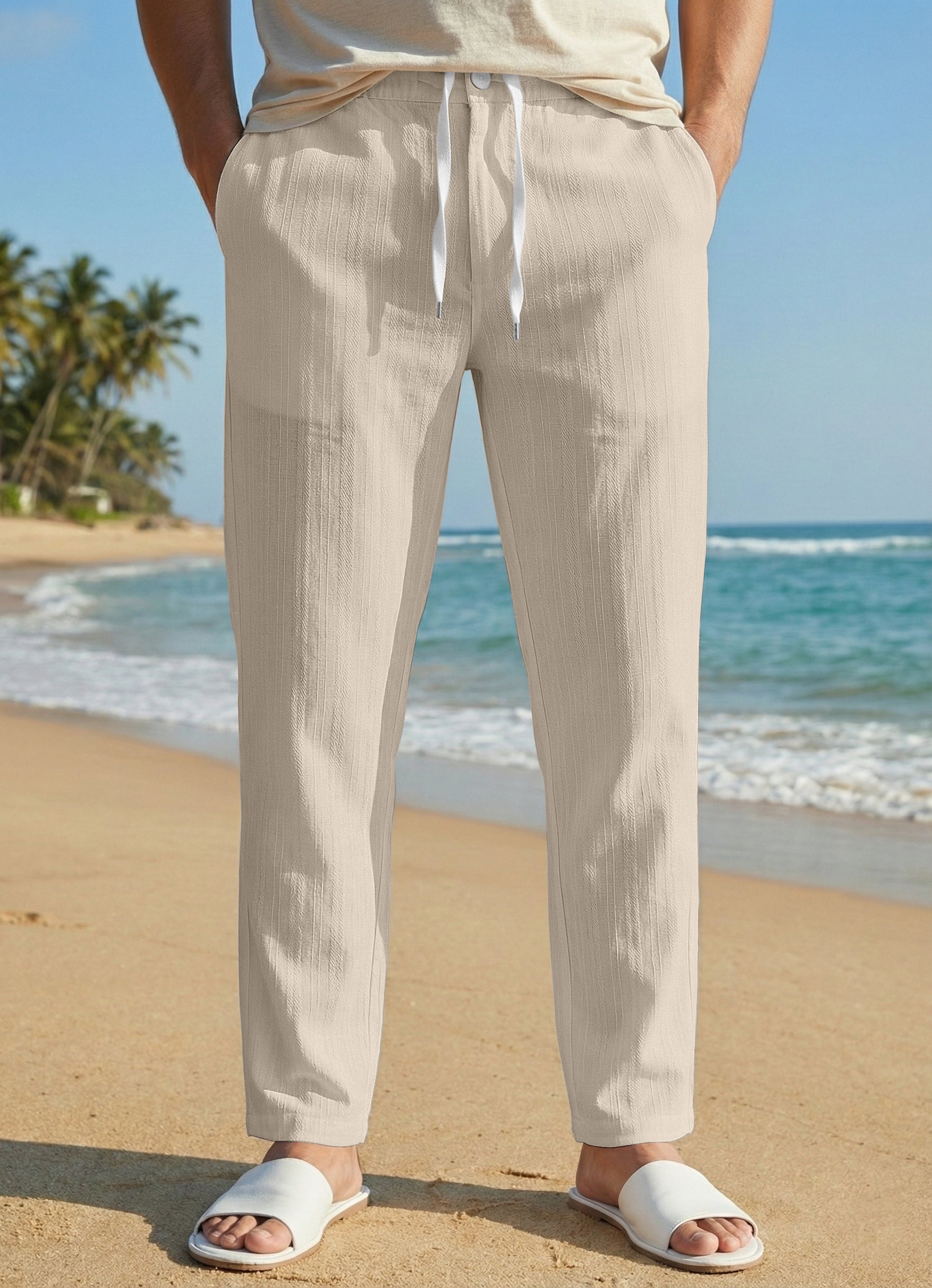 Men's Light Cream Casual Slub Drawstring Pants