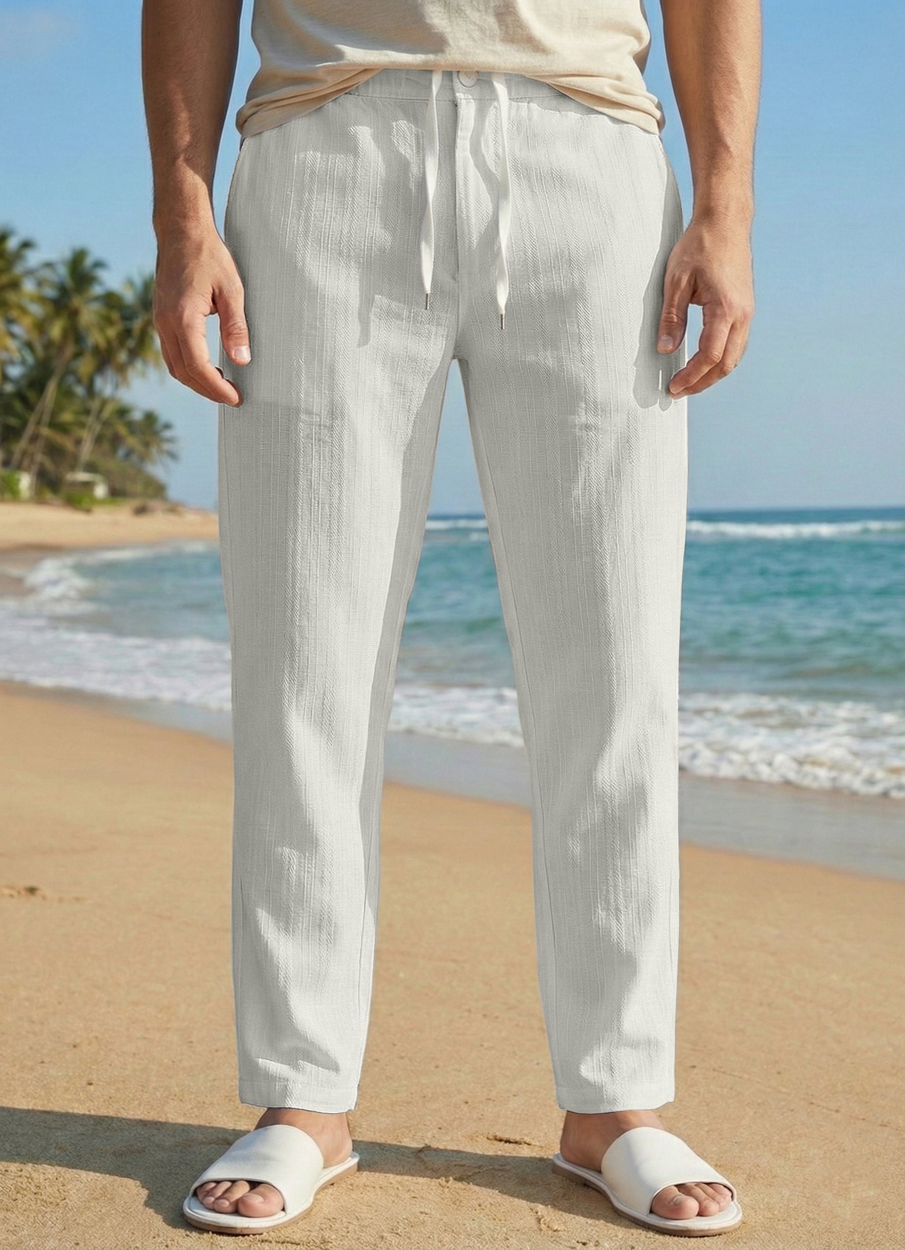Men's Crisp White Casual Slub Drawstring Pants