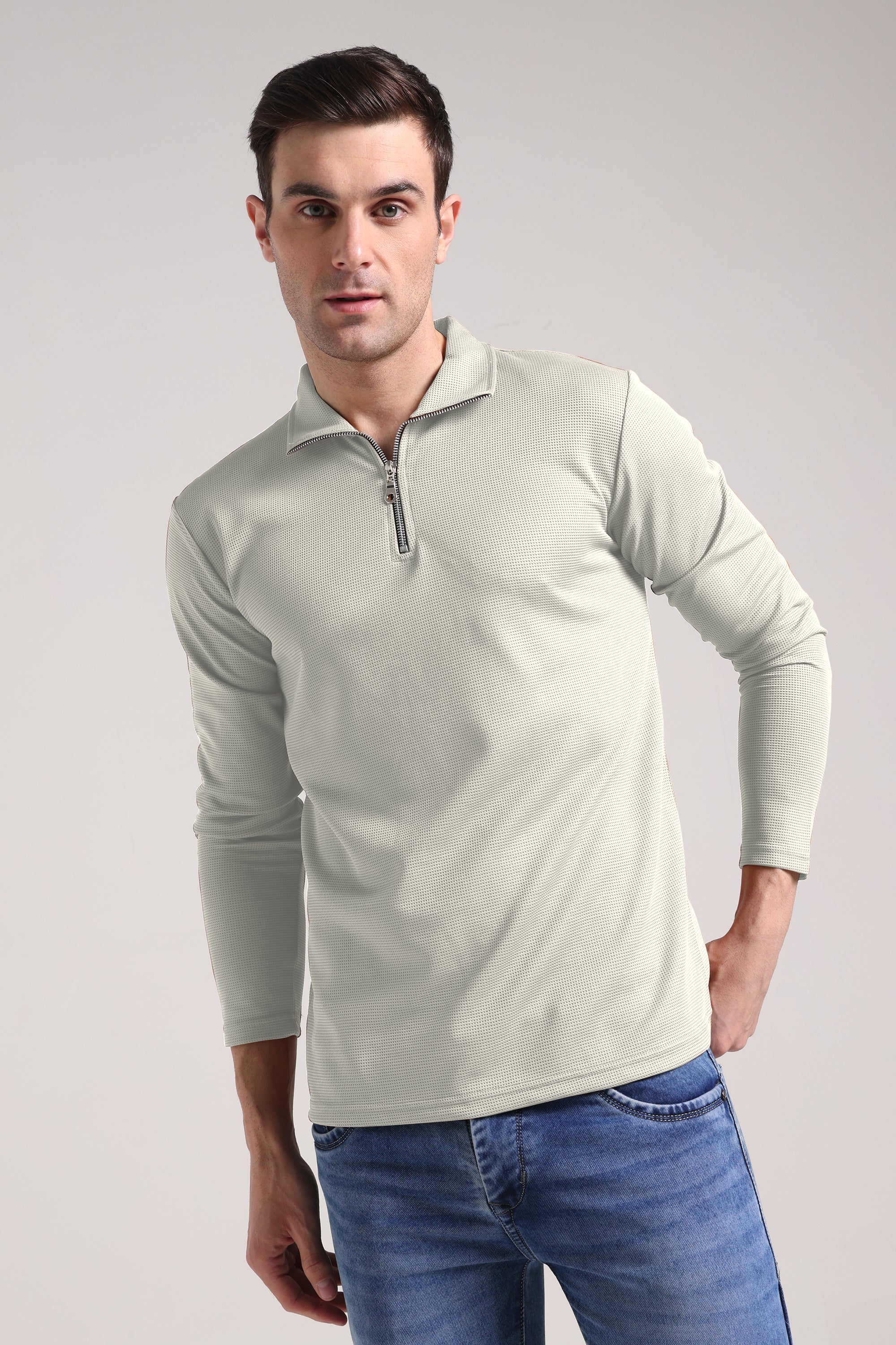 Men's Outer Mesh Pale Grey Full Sleeve Zipper T-Shirt