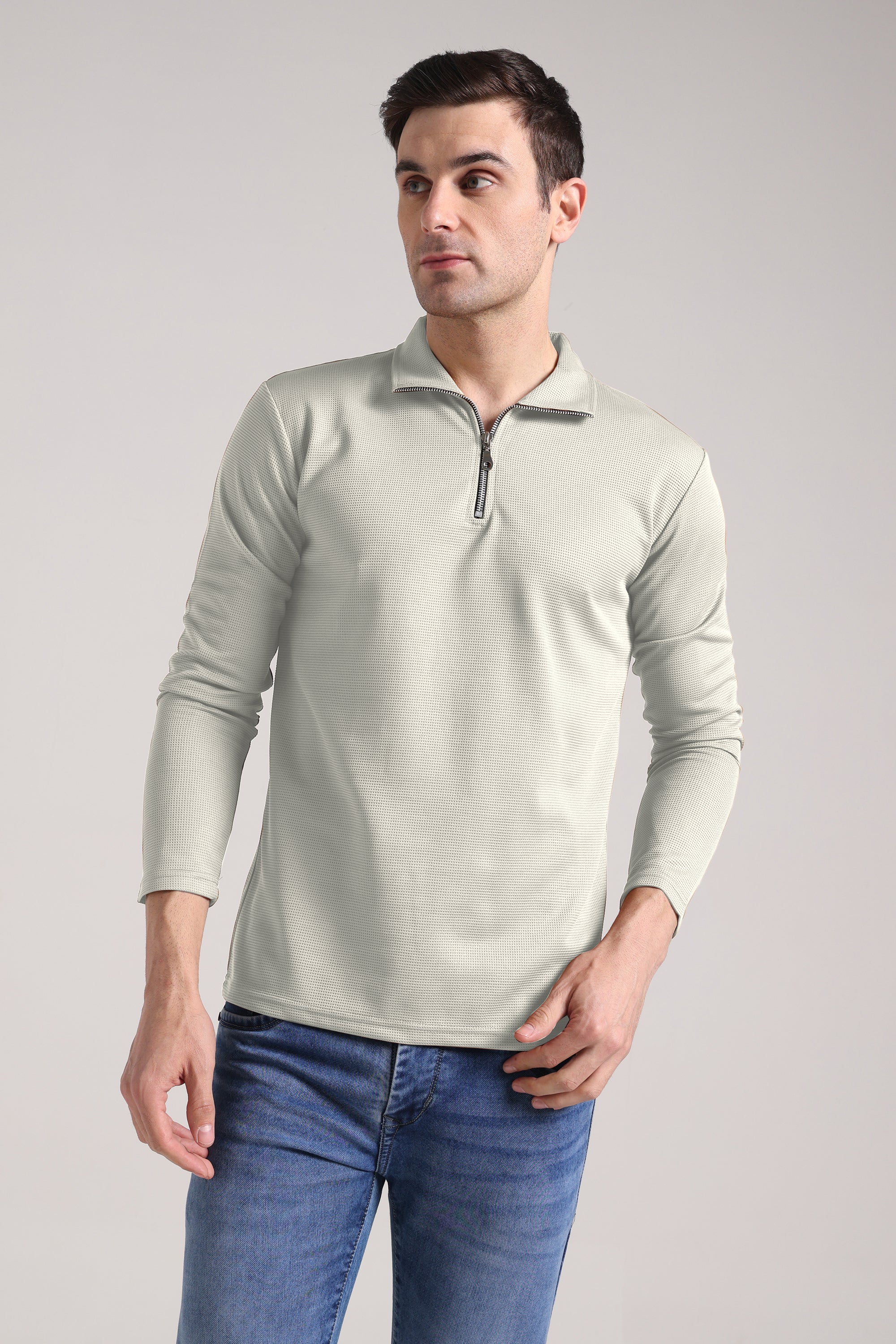 Men's Outer Mesh Pale Grey Full Sleeve Zipper T-Shirt