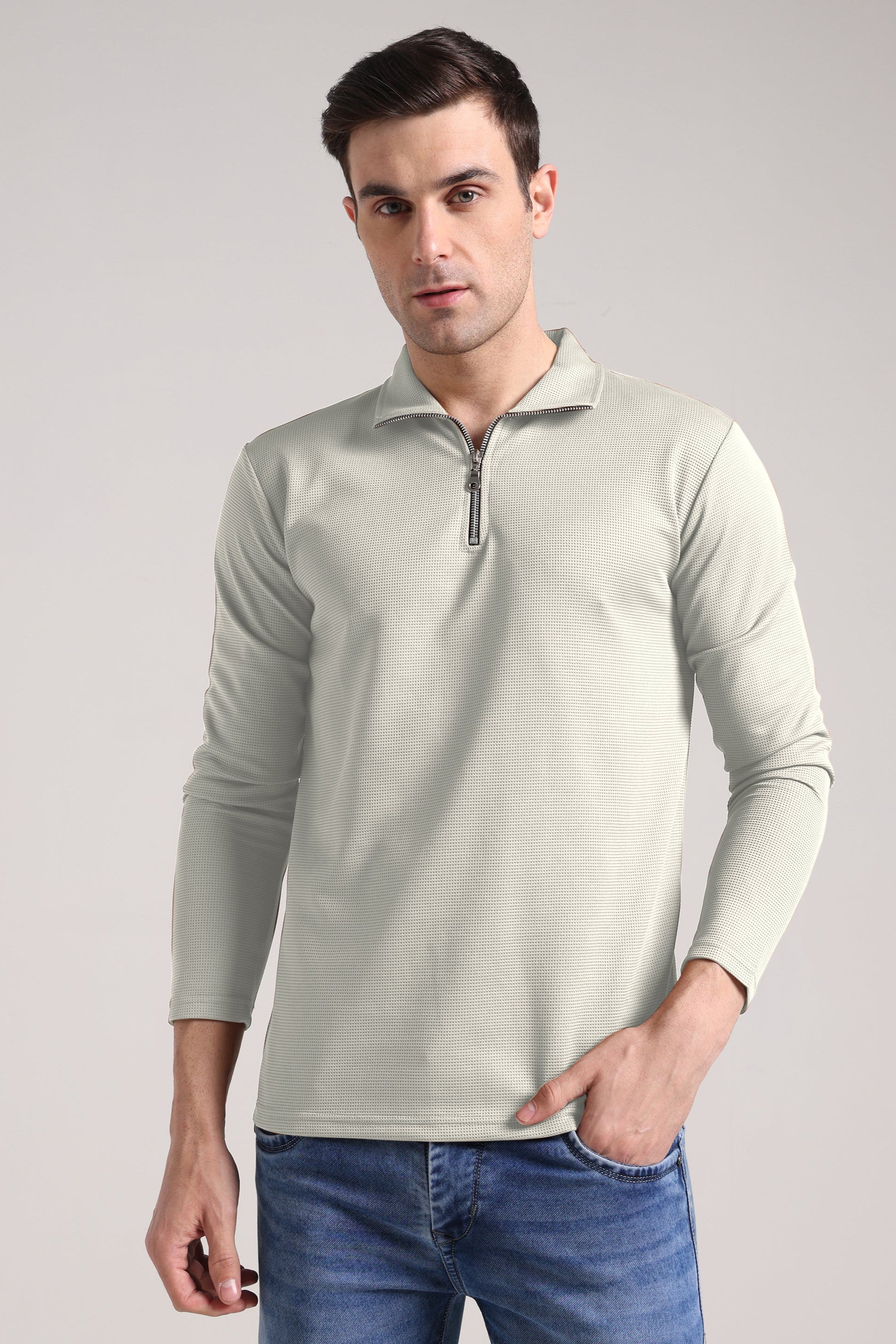 Men's Outer Mesh Pale Grey Full Sleeve Zipper T-Shirt