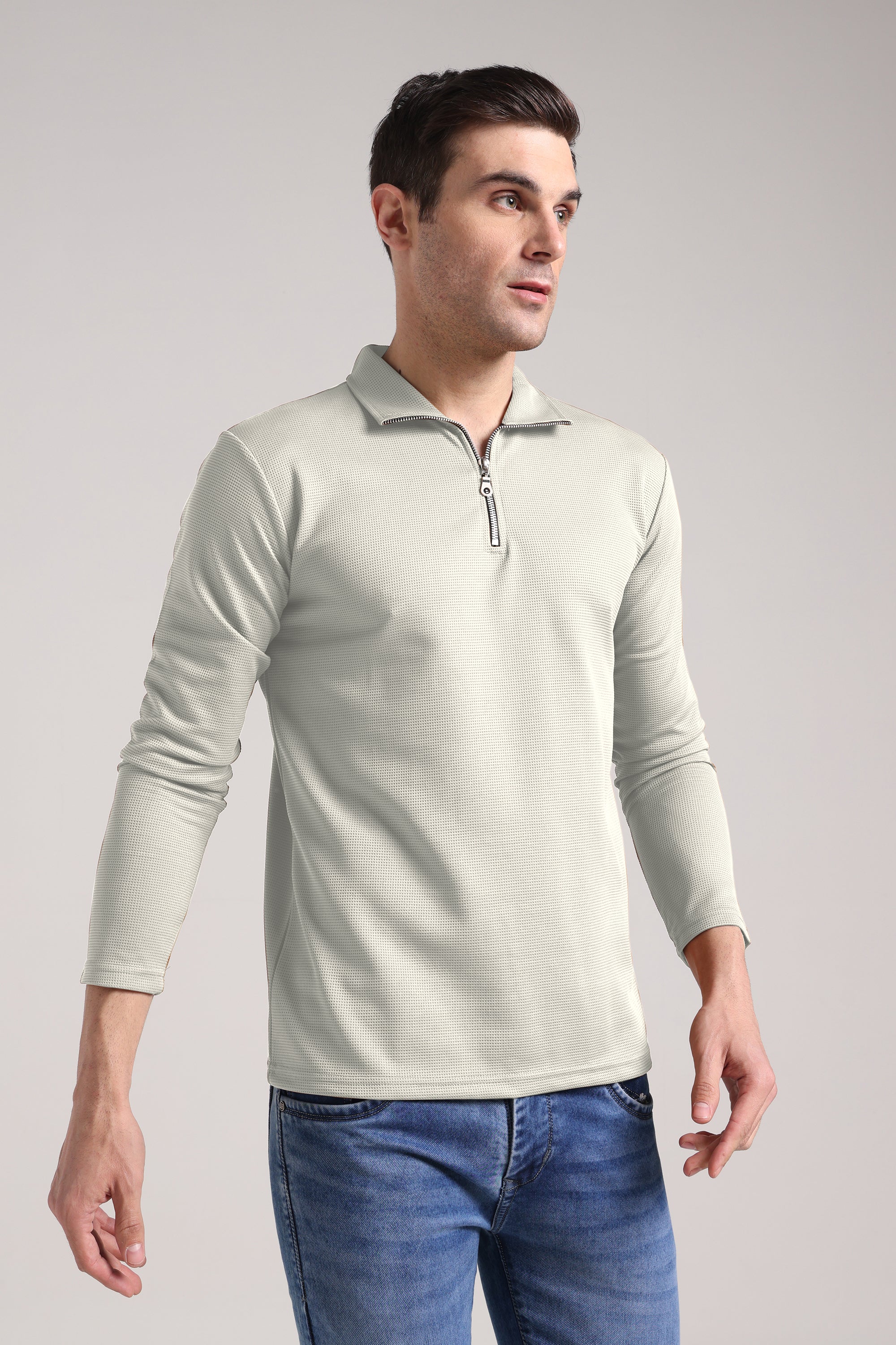 Men's Outer Mesh Pale Grey Full Sleeve Zipper T-Shirt