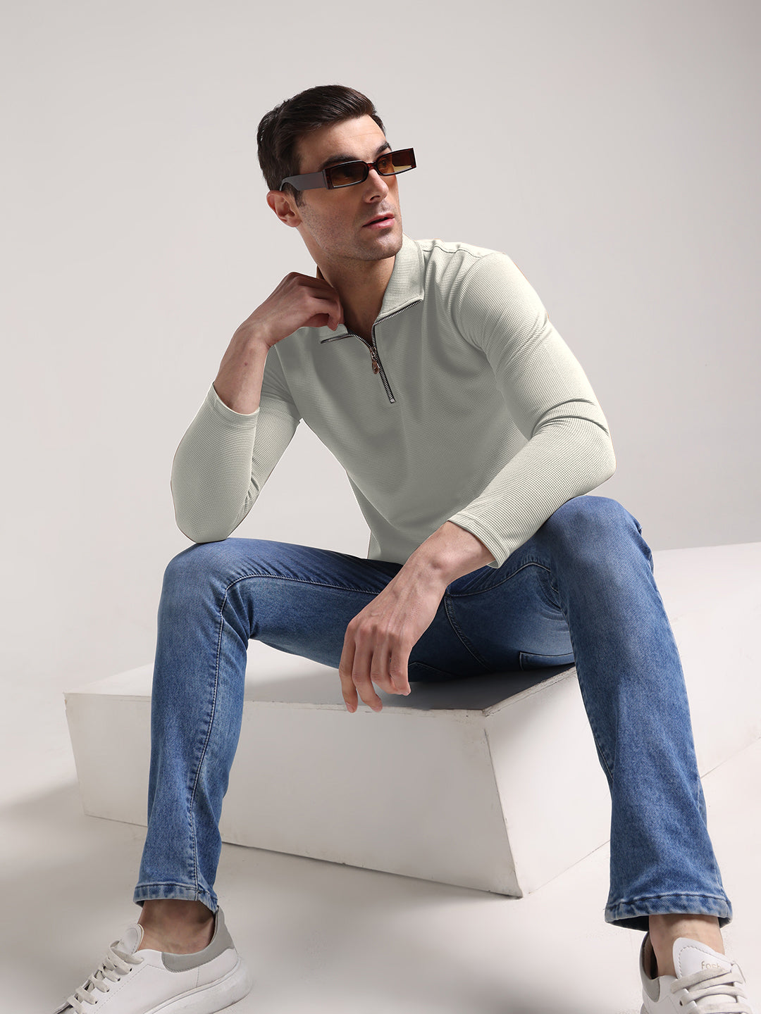 Men's Outer Mesh Pale Grey Full Sleeve Zipper T-Shirt