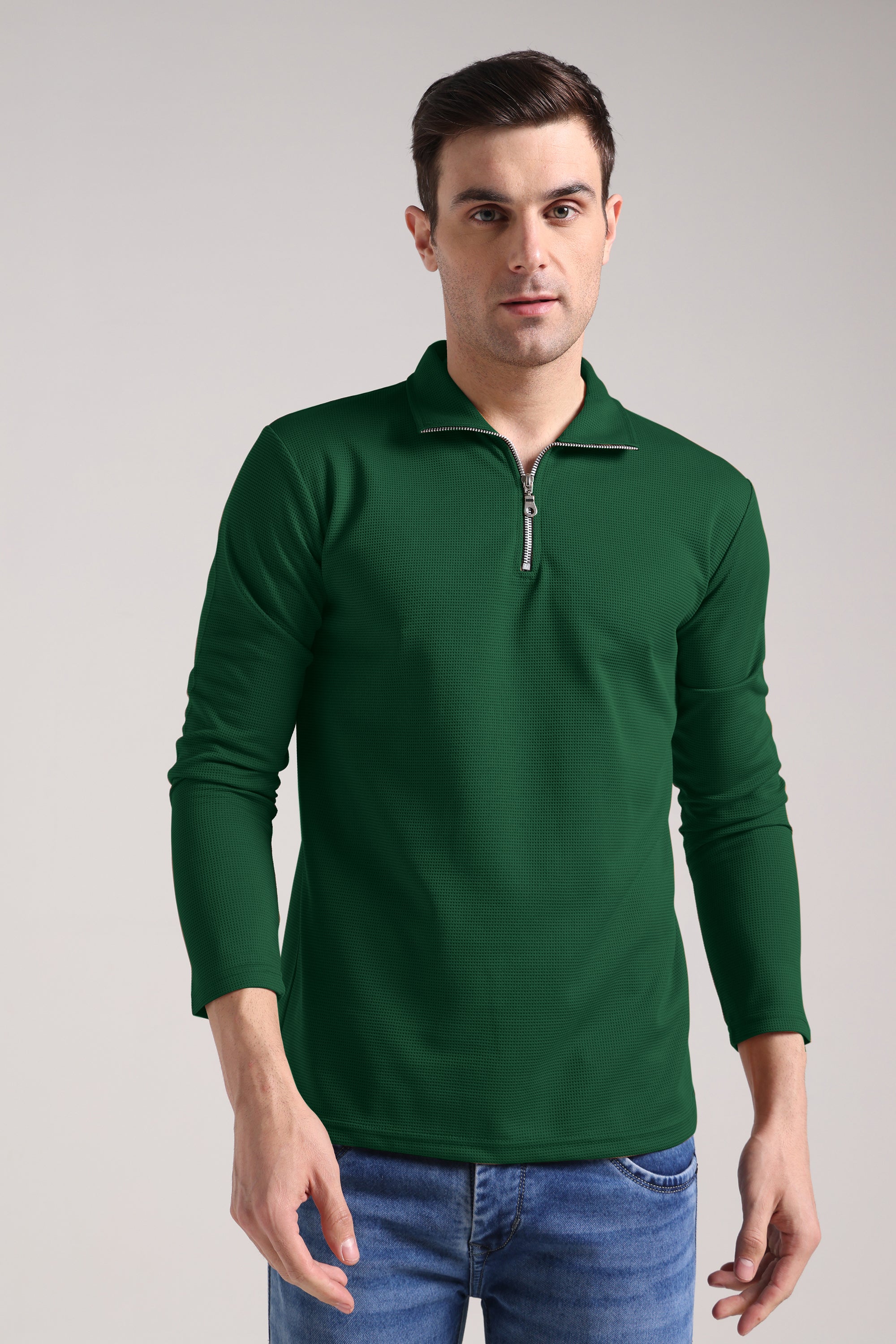 Men's Outer Mesh Fire Green Full Sleeve Zipper T-Shirt