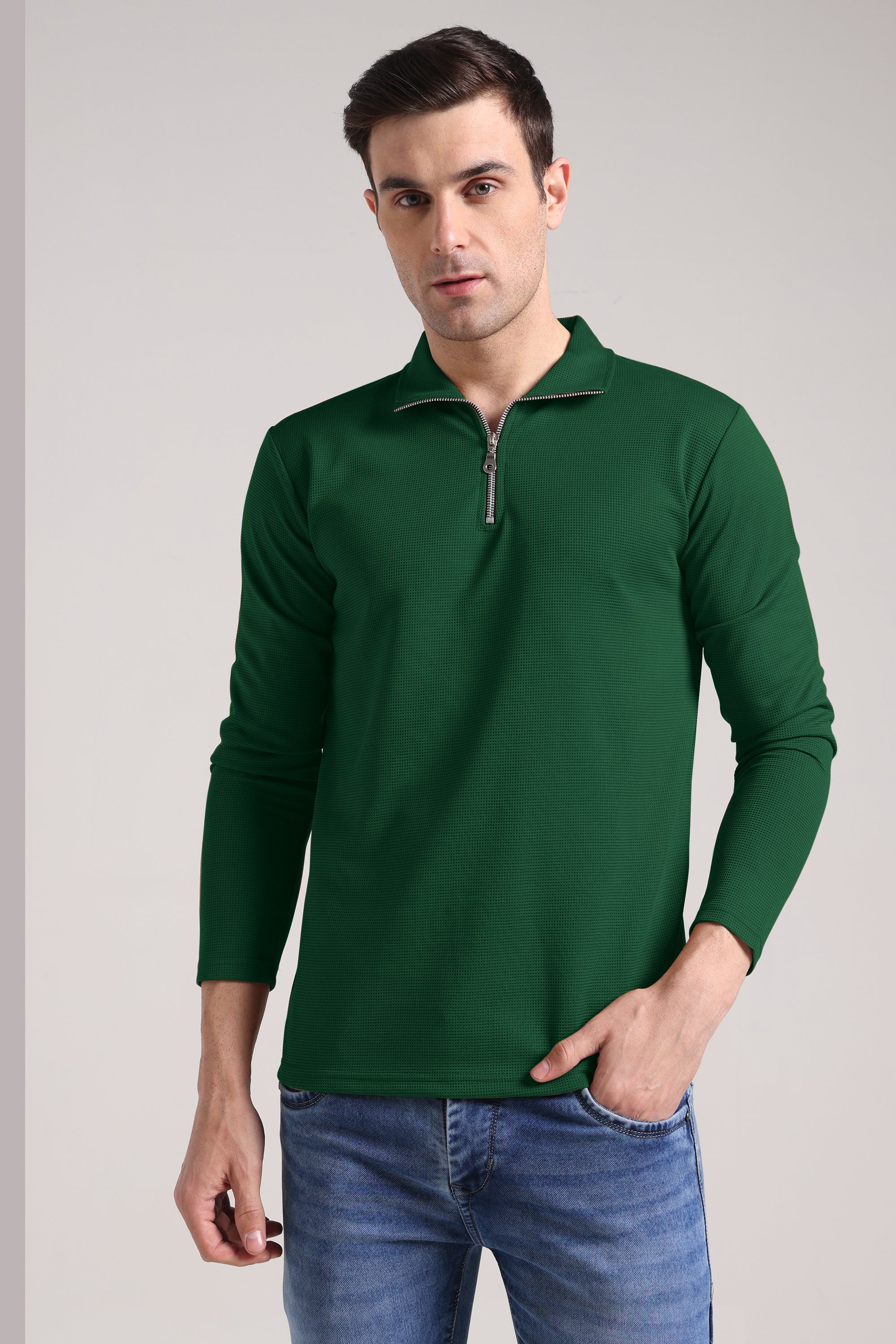 Men's Outer Mesh Fire Green Full Sleeve Zipper T-Shirt