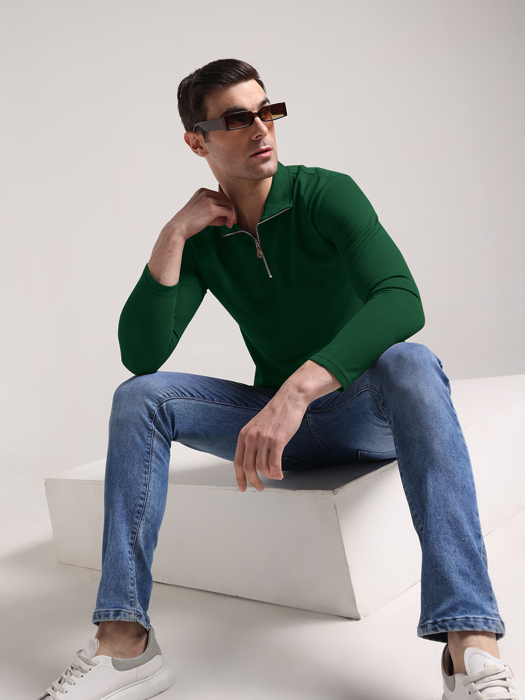Men's Outer Mesh Fire Green Full Sleeve Zipper T-Shirt