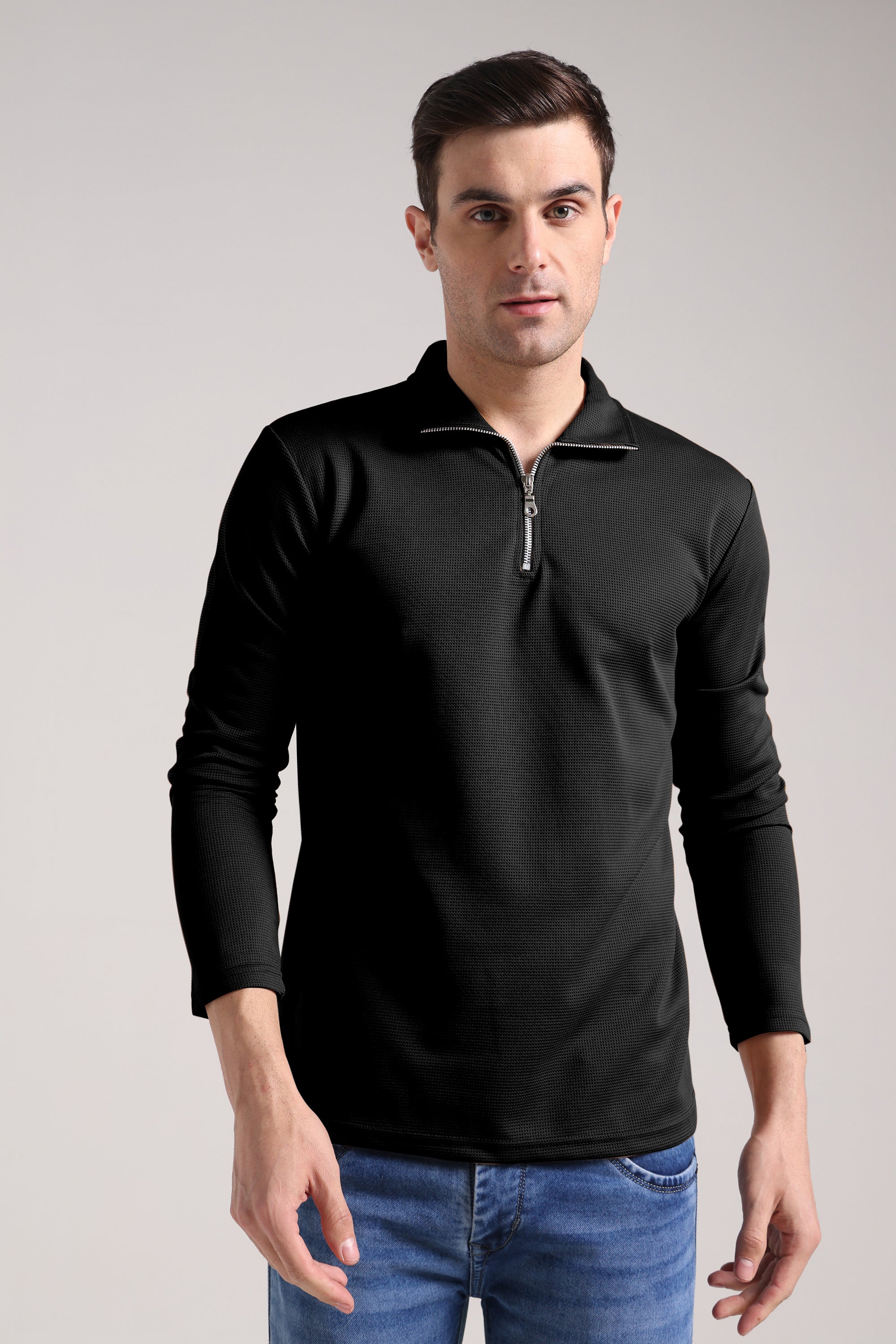 Men's Outer Mesh Black Full Sleeve Zipper T-Shirt