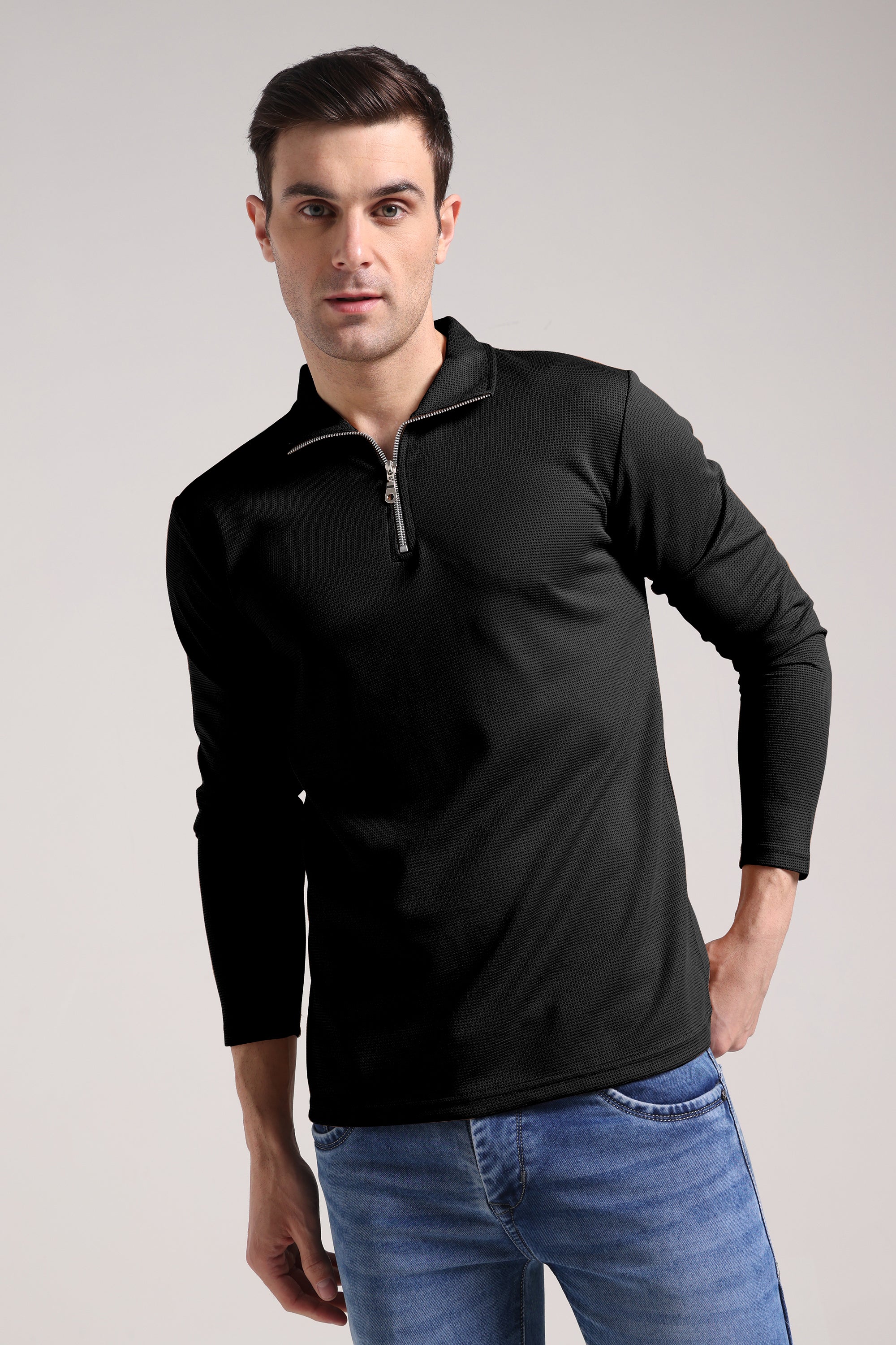 Men's Outer Mesh Black Full Sleeve Zipper T-Shirt