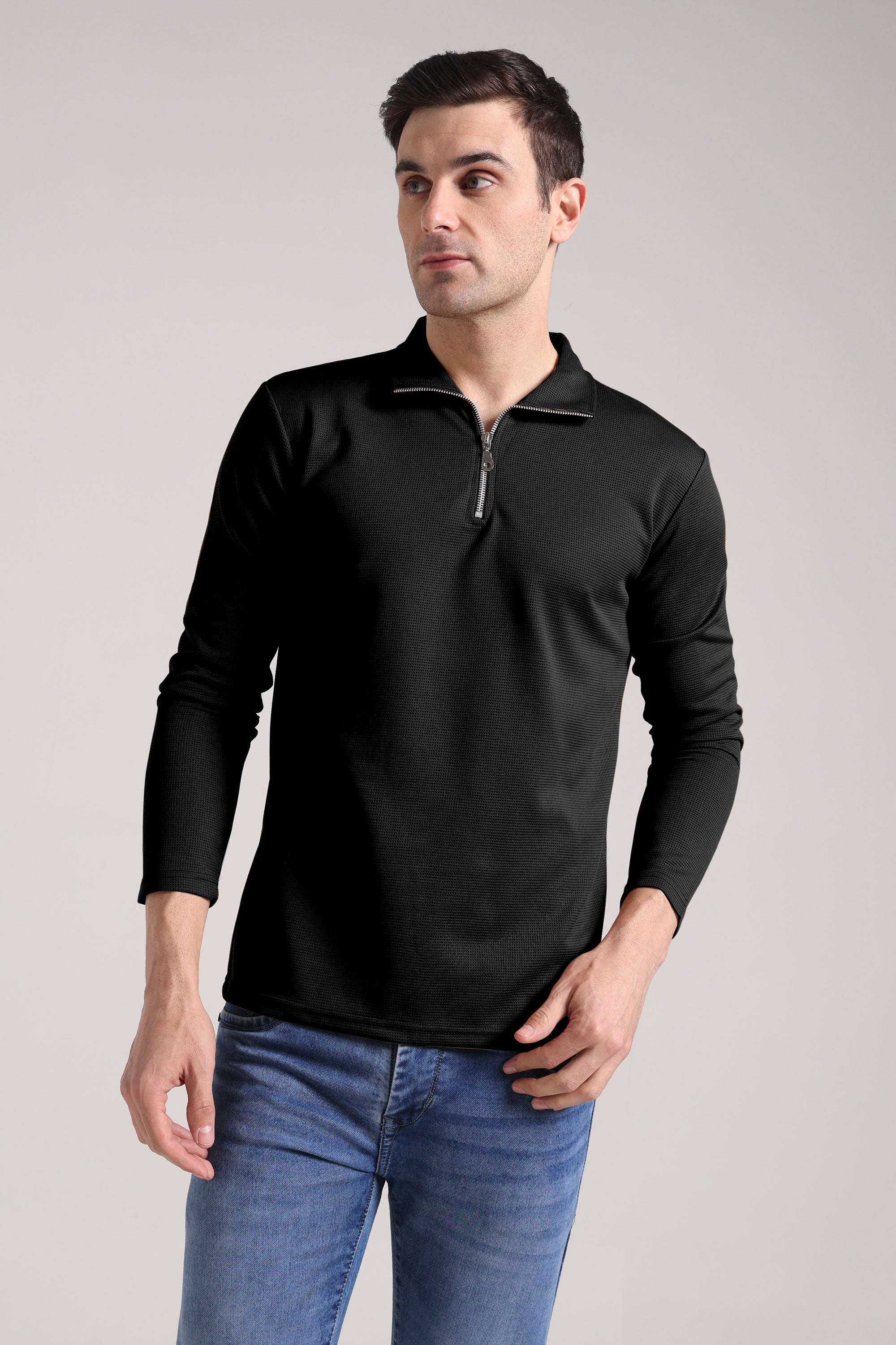 Men's Outer Mesh Black Full Sleeve Zipper T-Shirt