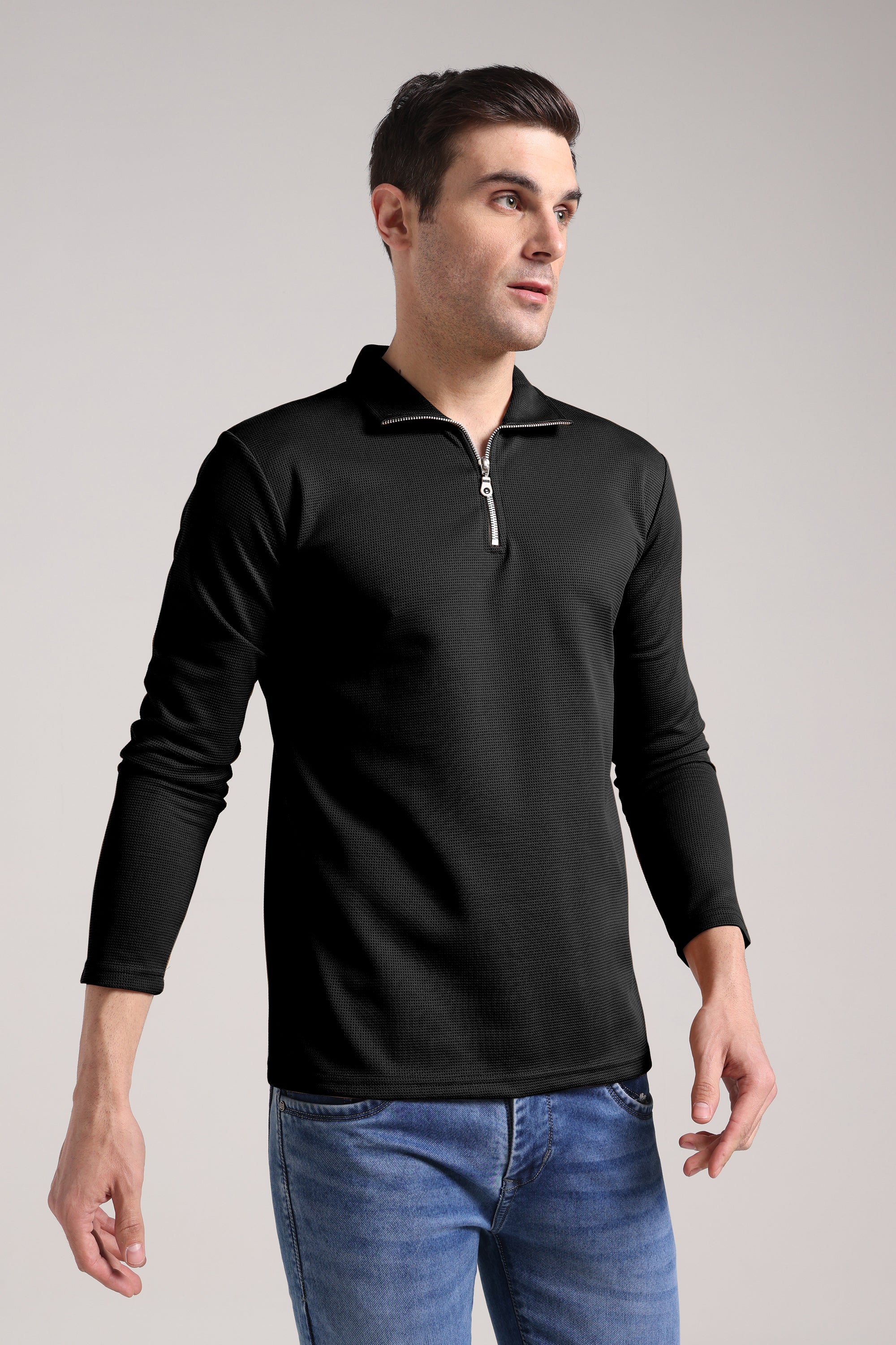 Men's Outer Mesh Black Full Sleeve Zipper T-Shirt