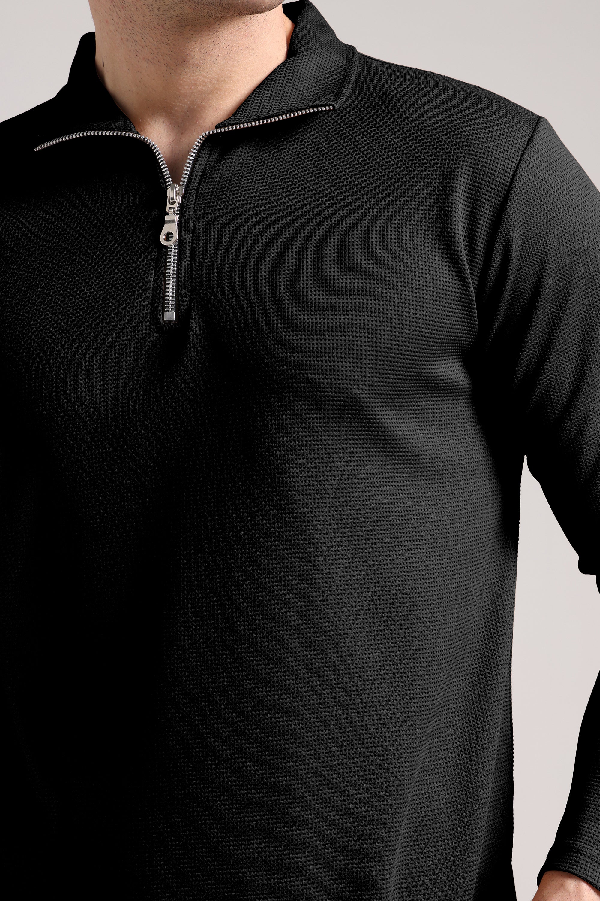 Men's Outer Mesh Black Full Sleeve Zipper T-Shirt
